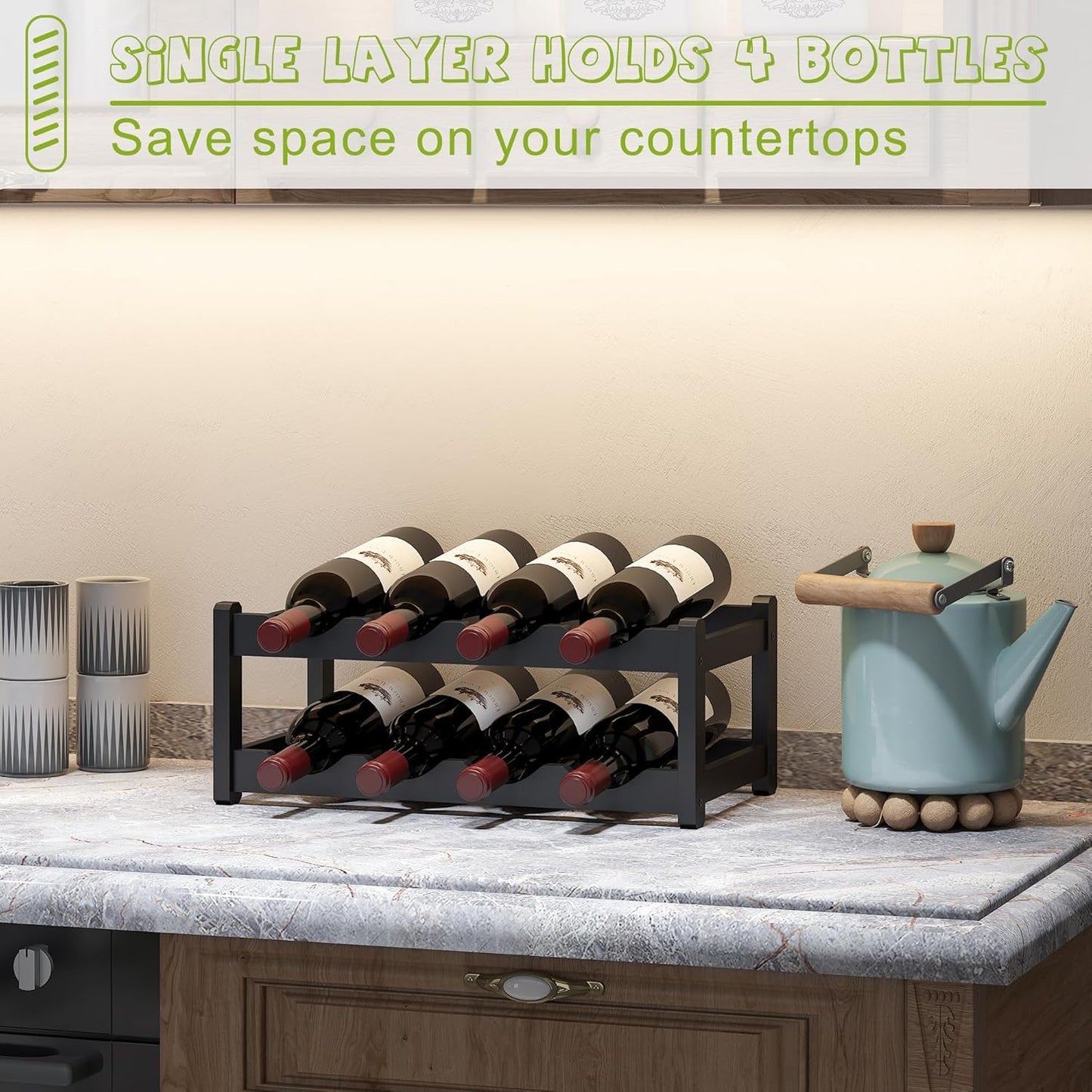 BMOSU Bamboo Wine Rack Wine Storage Cabinet Shelf 8 Bottle Wine Racks Countertop Sturdy for Kitchen Dining Room Pantry - 2 Tiers Wine Rack (Black)