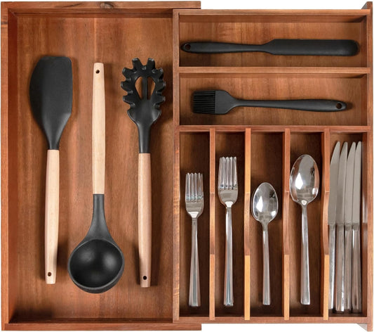 KitchenEdge Premium Silverware, Flatware and Utensil Organizer for Kitchen Drawers, Food-Safe Contract Grade, Expandable from 10.5 to 19 In, Natural Acacia
