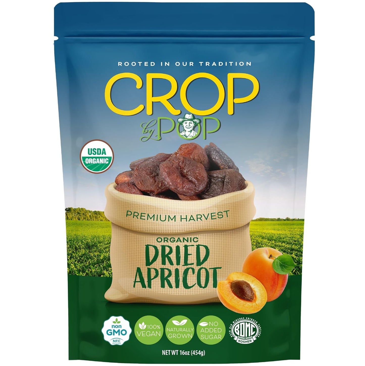CROP BY POP - Organic Sun Dried Apricots, No Sugar Added, Unsulphured (16oz, 1 LB) Bulk Dry Fruits Packed Fresh in Resealable Bag - USDA Organic, Non GMO, Kosher
