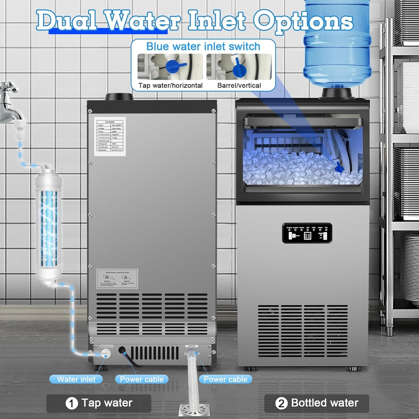 Commercial Ice Maker Machine 100LBS/24H with 20LBS Ice Storage, Stainless Steel Freestanding/Undercounter Ice Machine 36Pcs Ice with Two Water Inlet Modes Self-Cleaning for Homes Restaurants Bars