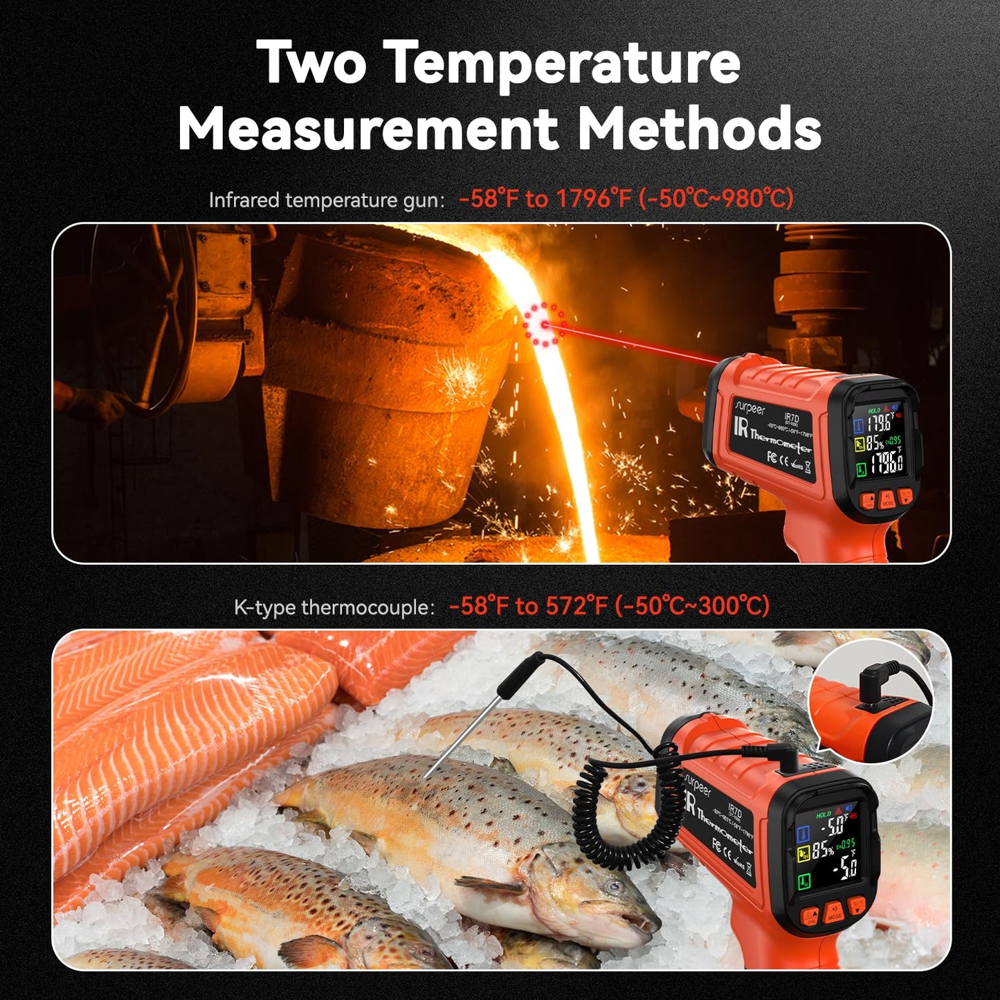 Infrared Thermometer Temperature Gun -58°F to 1796°, 16:1 Non Contact Laser Thermometer Gun with Thermocouple Probe for Humidity, Pizza Oven, Griddle, Ir Temp Gun for Home and Industry Repair