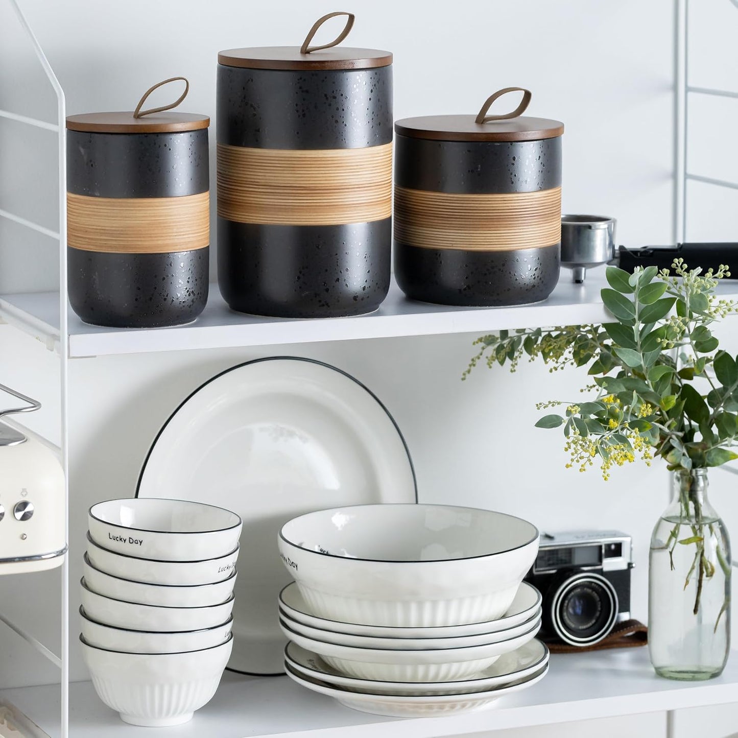 Ceramic Jar with Lid, Coffee Container Kitchen Food Storage Jars for Spice Sugar Tea Bag, Stackable Decorative Jars for Countertop, Black & 18 fl.oz