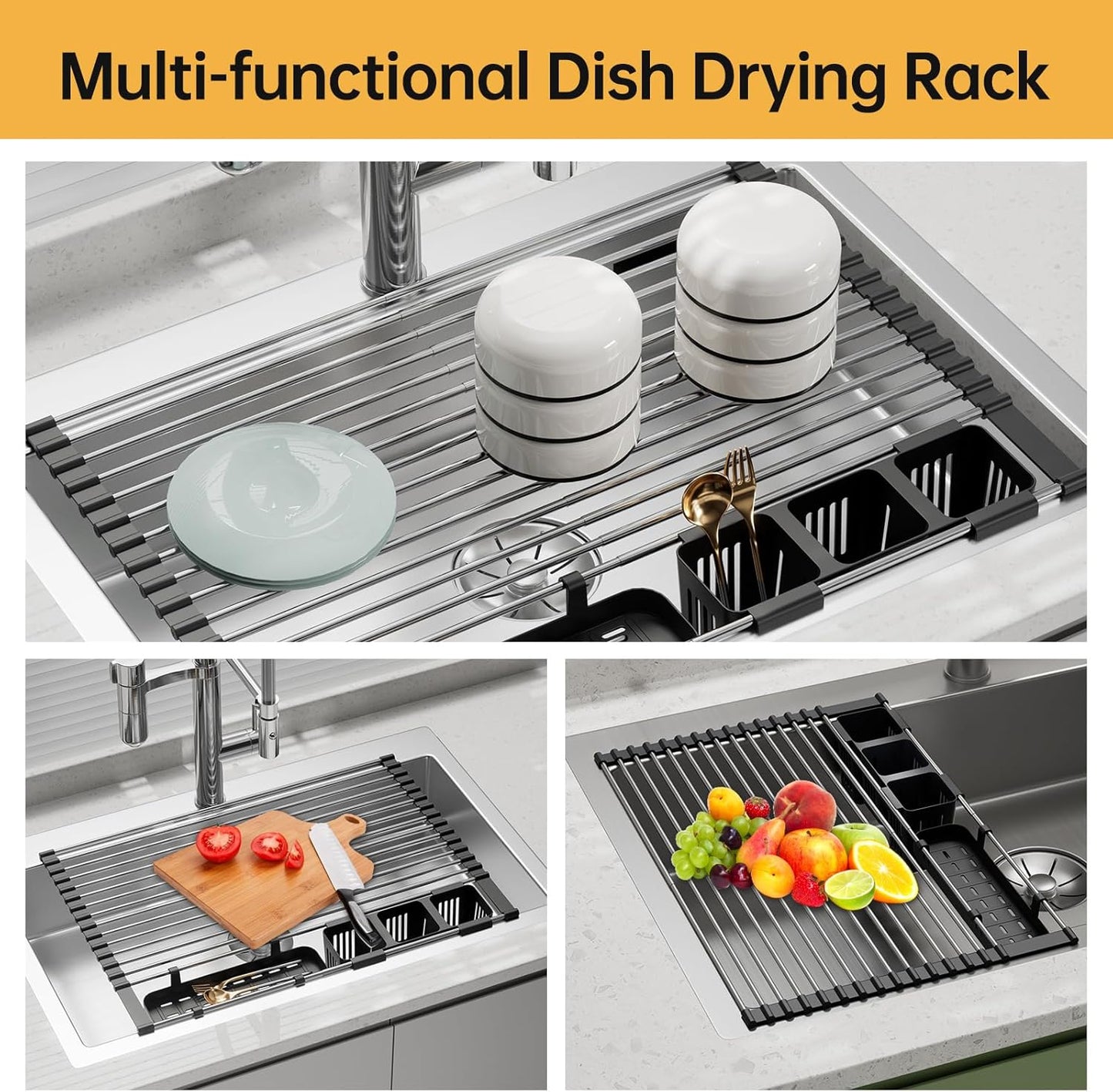 Expandable Over Sink Dish Drying Rack, Large Roll Up Dish Drying Rack with 2 Storage Baskets, Rolling Drain Mats for Kitchen Sink Counter, BPA-Free(12-22 * 15.3'', Blue)