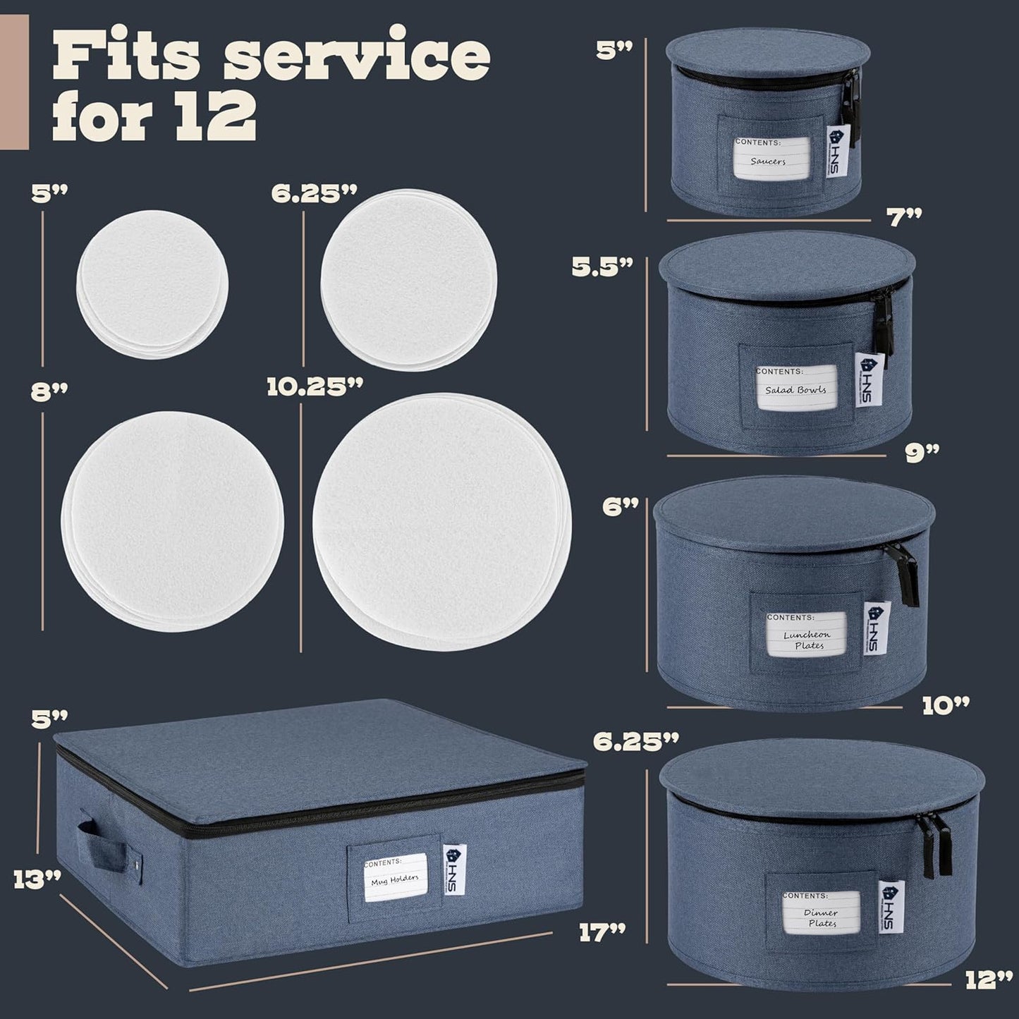 Hard Shell China Storage Containers 5-Piece Set Moving Boxes for Dinnerware, Glasses, Plates, Mugs and Saucers Sturdy Dish Organizer with Dividers for Seasonal Storage - Service for 12 - Denim Blue