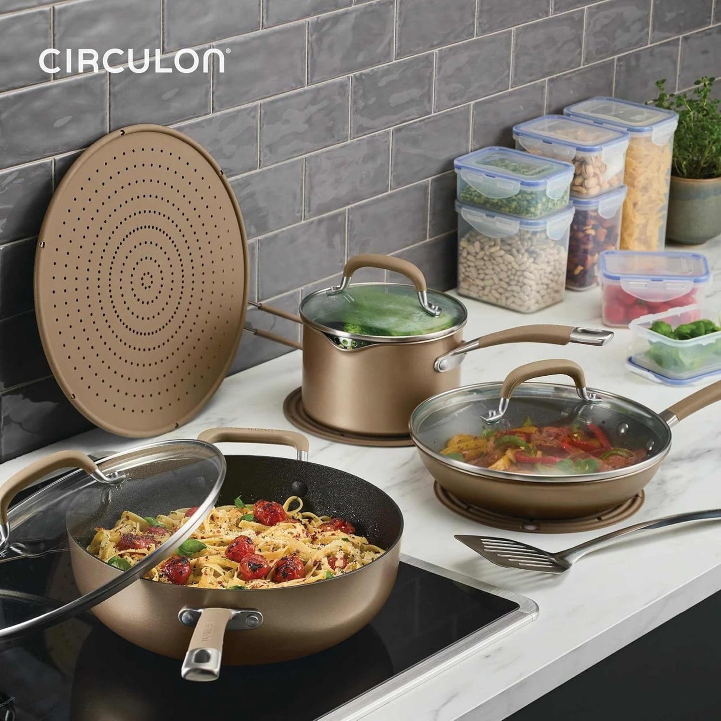 Circulon A1 Series with ScratchDefense Technology Nonstick Induction Pots and Pans, Metal Utensil Safe, Includes Splatter Guard, Slotted Turner and Silicone Trivets, 10 Piece Cookware Set - Champagne
