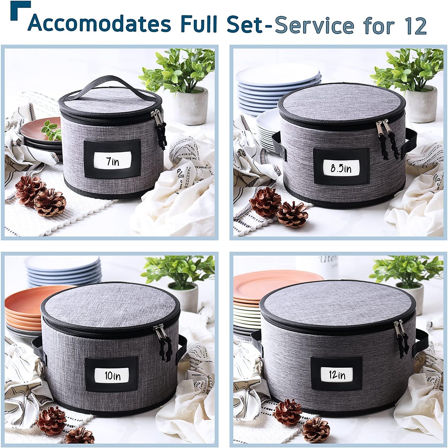 Fine China Storage Containers, 5 Piece Quilted Dish Storage Containers, Mug, Cup, and Plate Dish Organizer with Felt Dividers, Service of 12 Dinnerware Boxes for Moving, Seasonal Organization, Grey