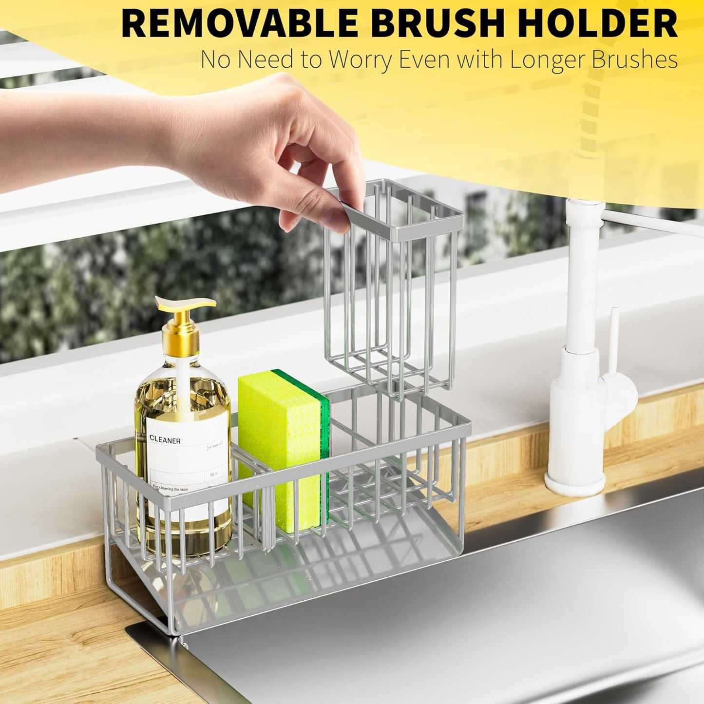 Cisily Sink Caddy Organzier with High Brush Holder, Sponge Holder for Sink, 304 Rustproof Stainless, Kitchen Countertop Soap Dispenser Organizer, Gray Kitchen Decor and Accessories