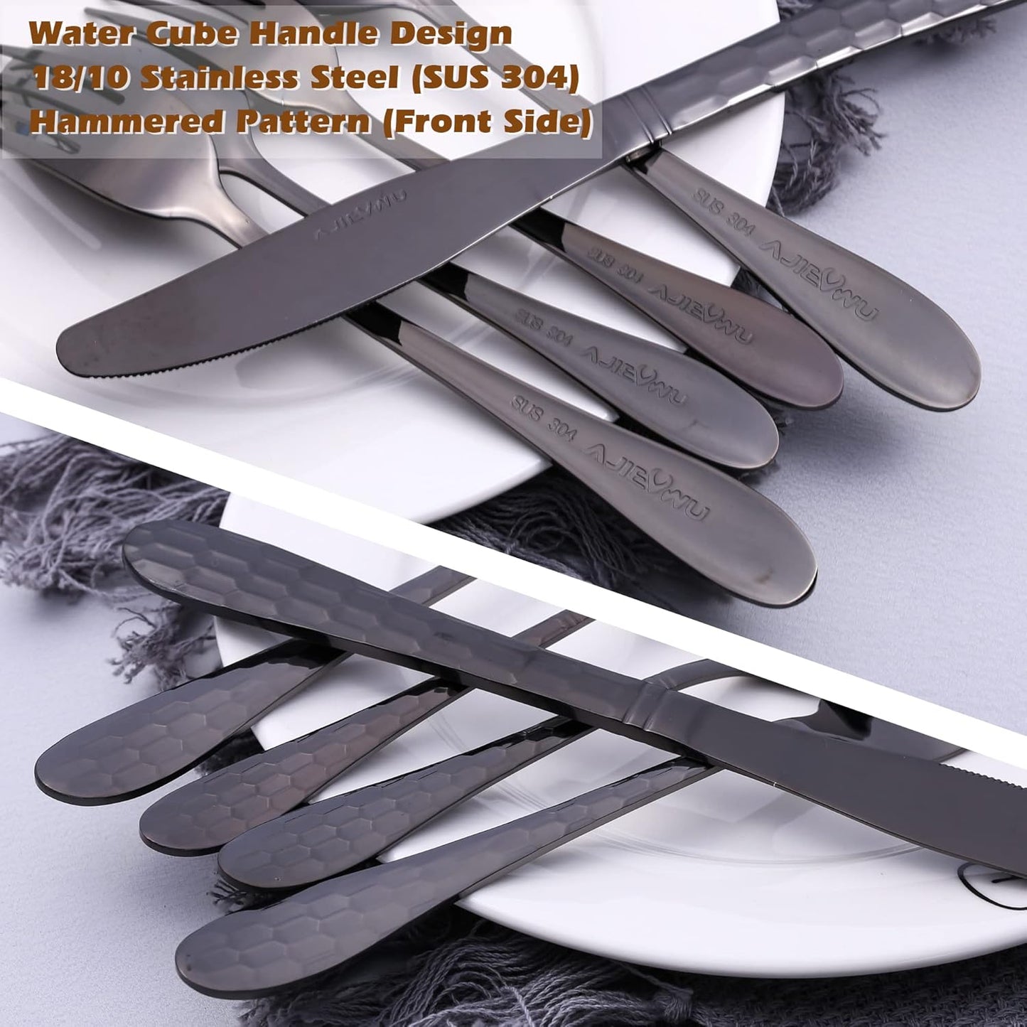 Hammered Silverware Set for 4, 20-Piece Black Flatware, 18/10 Stainless Steel Include Knife/Fork/Spoon, Tableware for Kitchen Restaurant, Dishwasher Safe (Black)