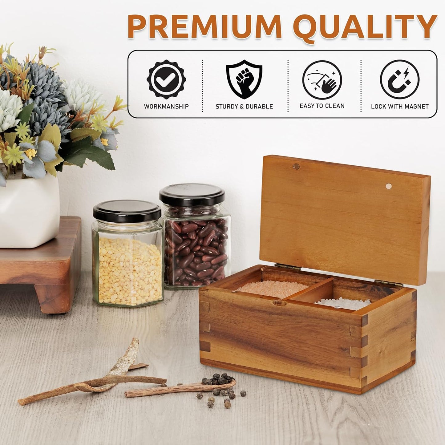 Demigo Acacia Wood Salt Cellar with Magnetic Flip Lid - 20 oz Large Capacity Salt Box for Kitchen - Keeps Spices, Herbs & Seasonings Fresh (Natural Brown)
