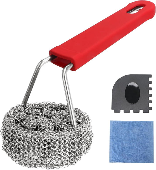 Cast Iron Chainmail Scrubber with Handle - Cleaner for Pans and Pots - Premium Stainless Steel/Silicone Scraper for Skillets - Ergonomic Food-Safe Design - Easy to Clean Cookware Dish Brush