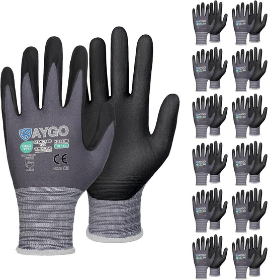KAYGO Safety Work Gloves MicroFoam Nitrile Coated, 12 Pairs KG18NB,Seamless Knit Nylon Glove for Men and Women, Ideal for Automotive,Warehouse,Construction (X-Large,Gray)