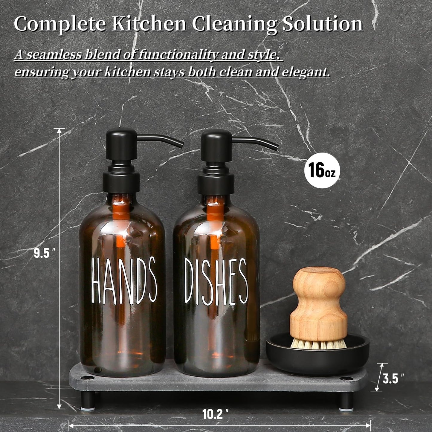 MOMEEMO Amber Glass Soap Dispenser Set Comes with Stainless Steel Pumps, Instant Dry Tray, and Dish Scrub Brush, Suitable for Soap Dispenser for Kitchen Sink. (Amber)