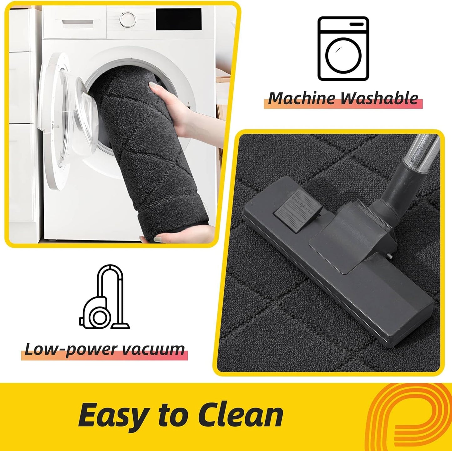 JSEI Non-Slip Kitchen Rugs, Self Adhesive No Sliding Kitchen Mats Set of 2, Soft Washable Absorbent Floor Mat for Kitchen, Bathroom, Laundry Room, Bedroom, 20”x32”+20”x48”, Dark Grey, Diamond Pattern