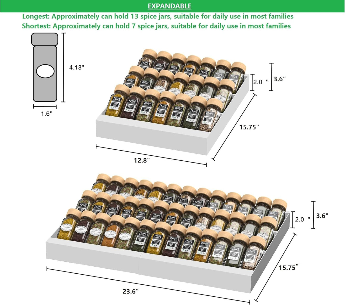 Expandable Metal Spice Drawer Organizer,3-Tier Slanted Seasoning Jars Tray for Kitchen Cabinet Drawers Insert/Countertop (Jars not included)-3Tier,2packs/White