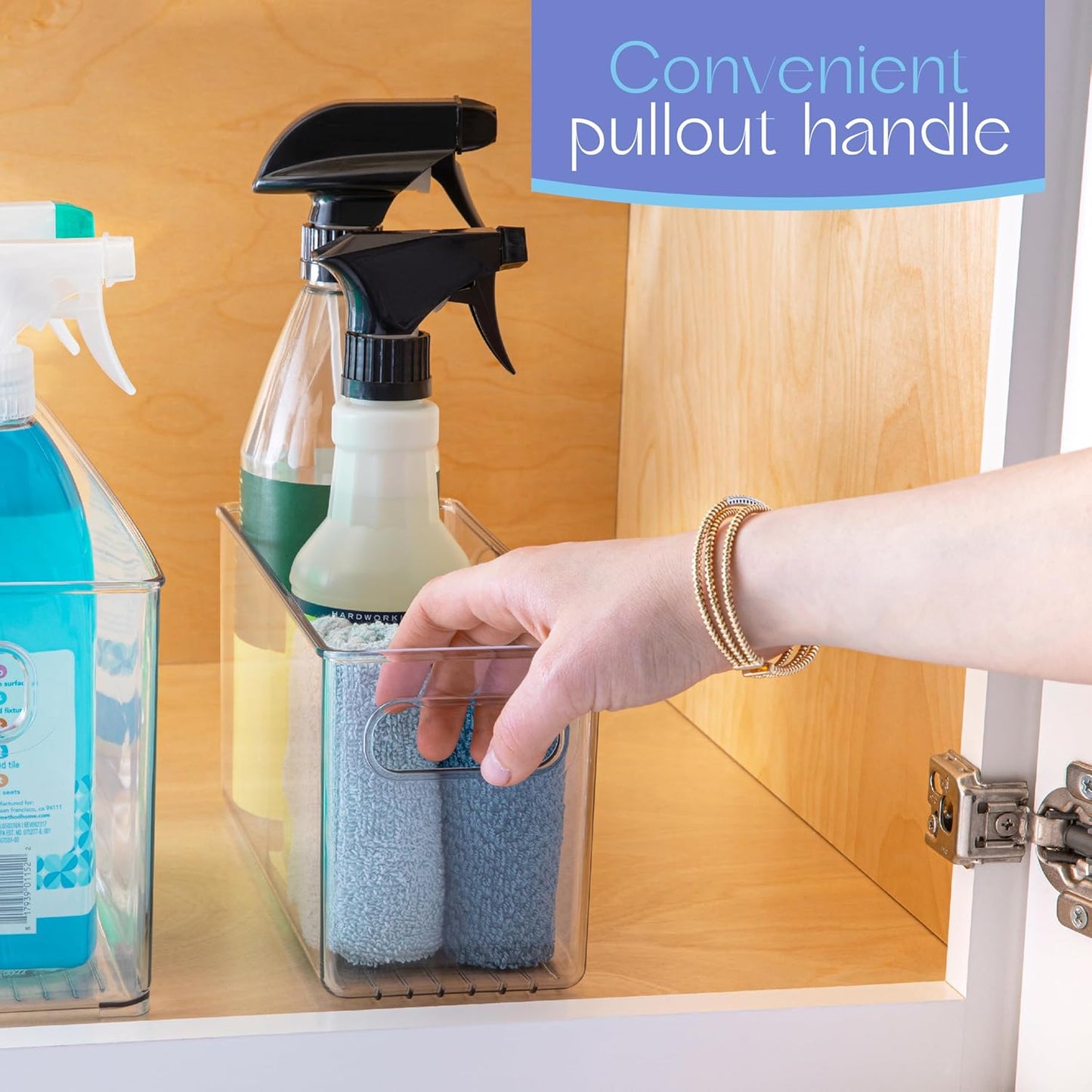 Clear Plastic 4 Pack Storage Container Bin with Integrated Easy Grip Handles. For Kitchen, Fridge, Freezer, Cabinet, Pantry, Bathroom Organization. 10"x4"x5"