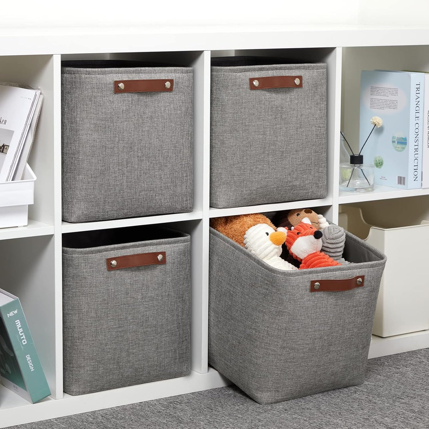 DULLEMELO 12 inch Cube Storage Bins, Large Collapsible Grey Storage Baskets for Square Cubes Organizing, Fabric Boxes Bins for Shelves Nursery Home Office Storage(4 Pack - 12" Grey)