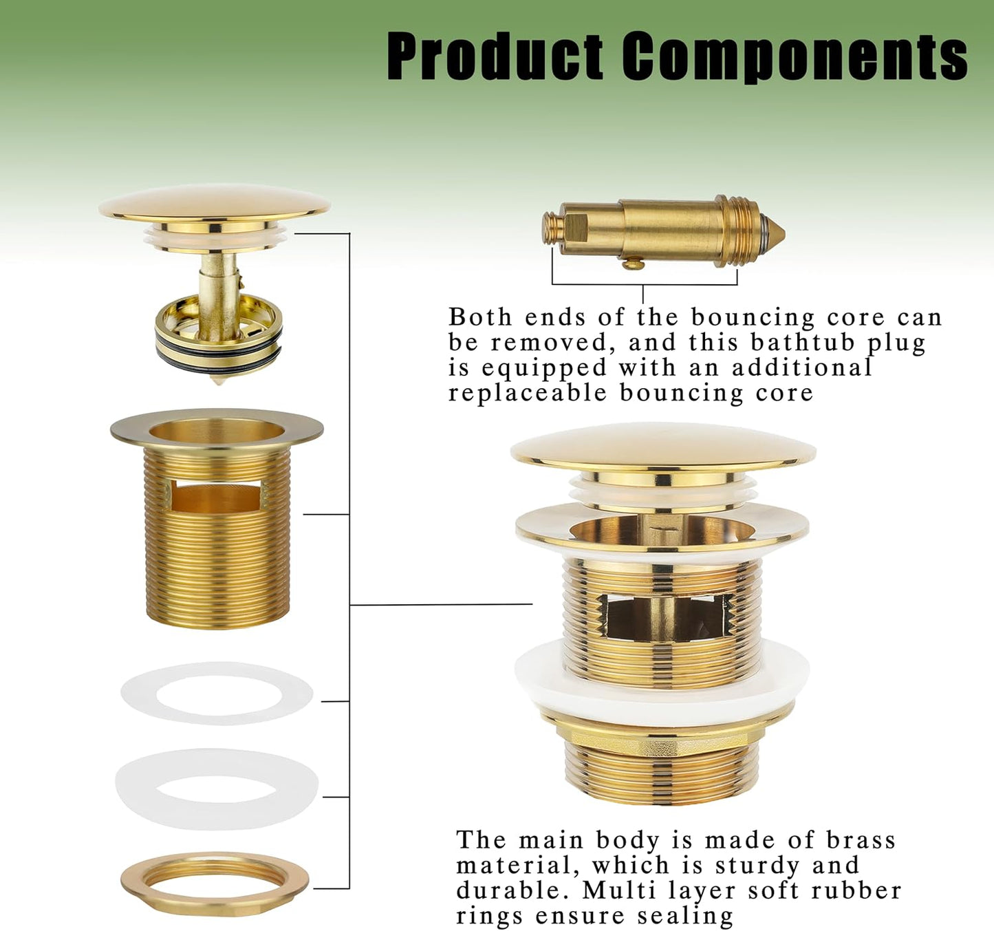 Fits Freestanding Tub Drains with Removable Pop-Up Freestanding Tub Drain Stopper, Compatible with Freestanding Tub Drain Rough-in Kit (Also Comes with a Replacement Pop-Up Bolt) (Gold)