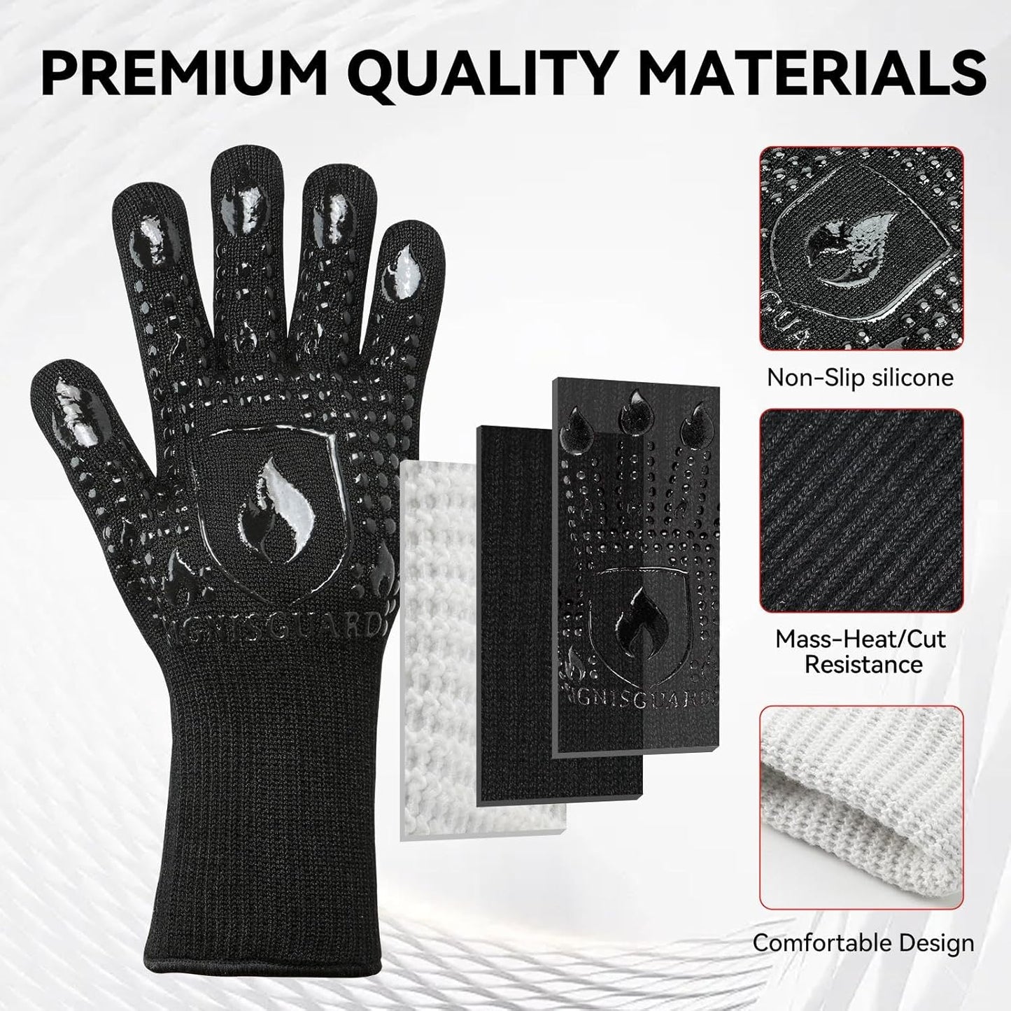 BBQ & Grill Gloves, Oven Gloves, 1472°F Silicone Oven Mitts Heat Resistant Grilling Gloves Fireproof Non-Slip for Barbecue Cooking Baking Smoking, 1-Pair Black（L）