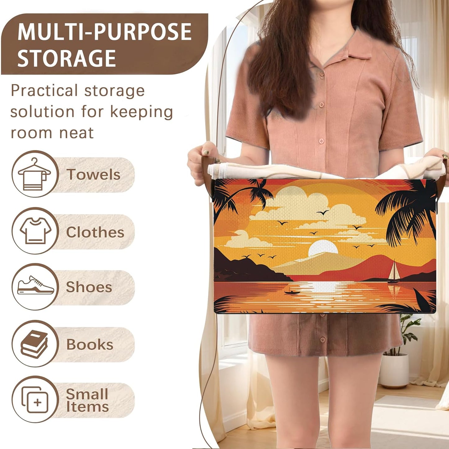 Foldable Collapsible Storage Bin with Summer Sunset Design-17x11.5x10.5 Inch Organizer Basket for Beach Decor, Home Storage-Single Pack, No Lid Space-Saving Box