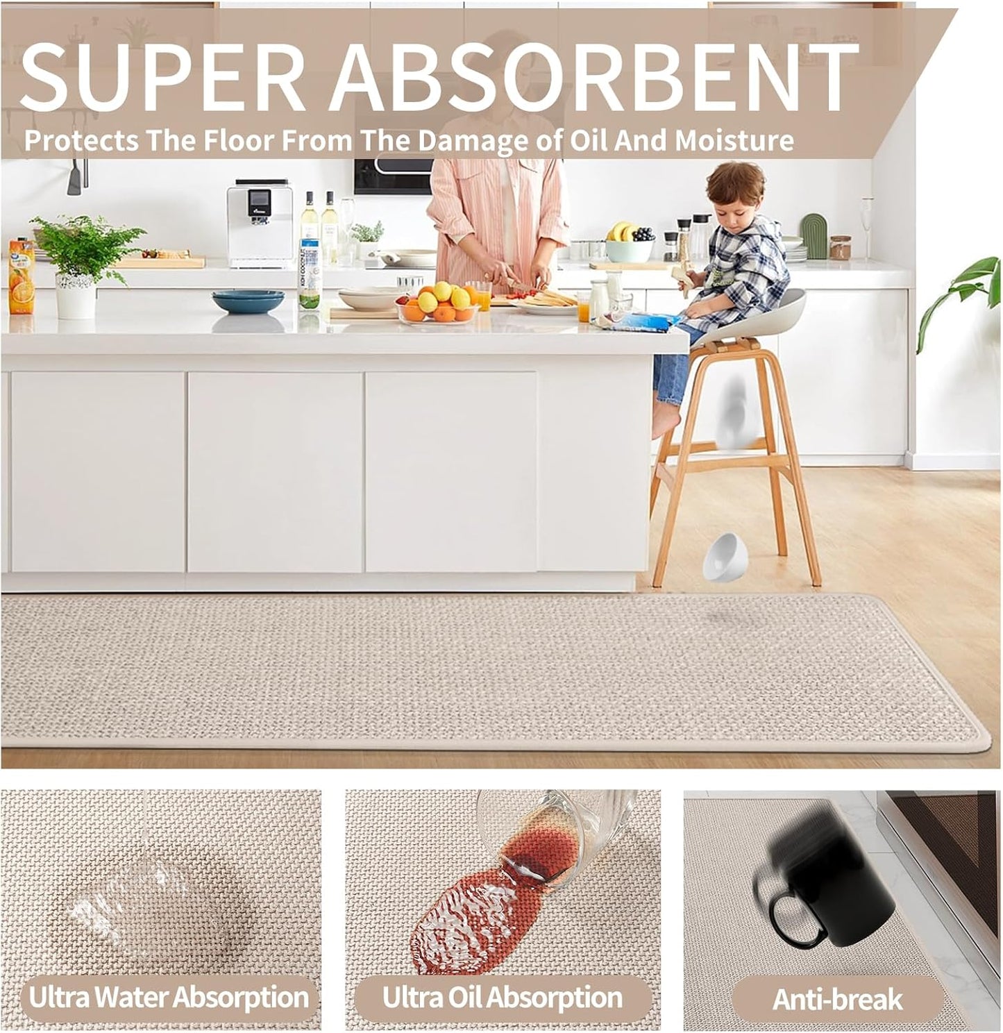 Kitchen Mats for Floor, Super Absorbent Kitchen Rugs Non Slip Washable, Soft Imitation Linen Braided Kitchen Runner Rug, Standing Mat Kitchens Sink Mat, Easy to Clean, Beige 17x47