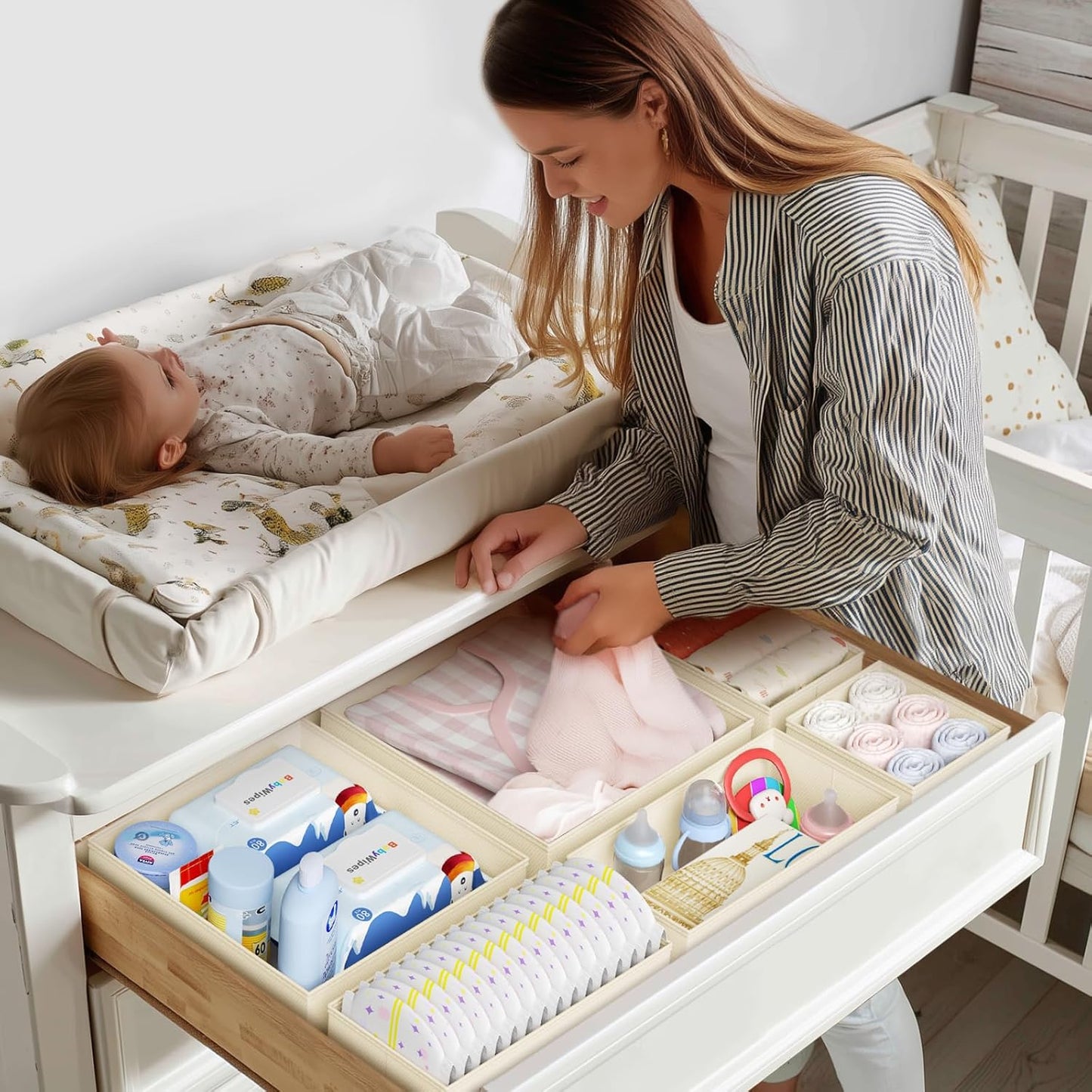 DIMJ Drawer Organizer Clothes 20 Pack - Foldable Baby Organizers and Storage & Dresser Organizer for Bedroom, Closet - Nursery Organization Dresser Dividers for underwear, Sock,Bra, Belt, Tie, Beige