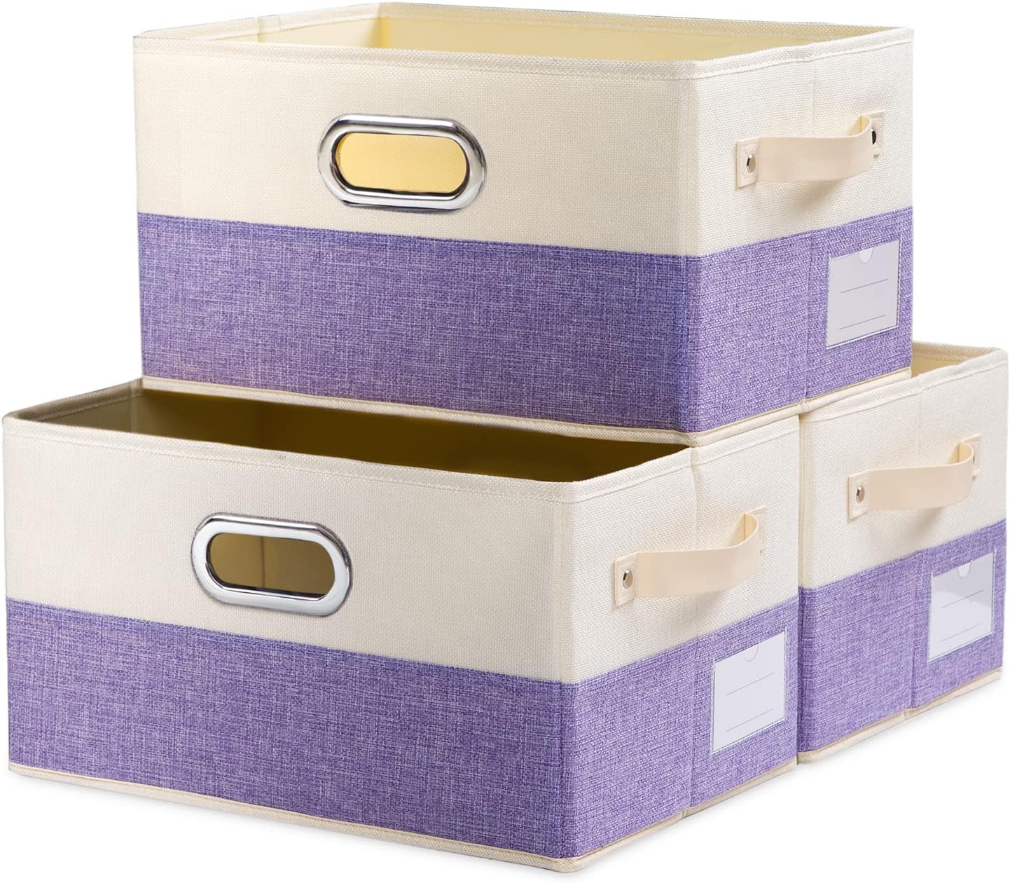 PRANDOM Large Fodable Storage Bins for Closet [3-Pack] Decorative Fabric Storage Baskets Cubes with Leather/Metal Handles for Shelves Bedroom Living Room Purple&Cream (14.9x9.8x8.3 Inch)