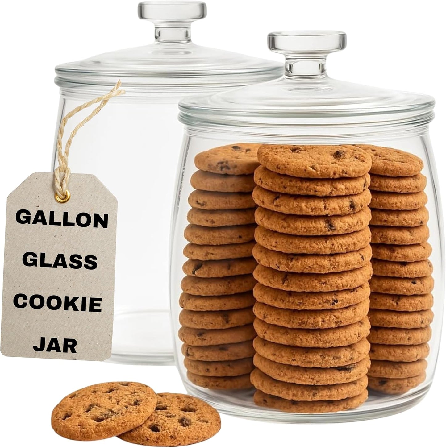 kitchentoolz 1 Gallon Glass Cookie Jar with Lid – Set of 2 Large Glass Jars with Lids for Cookies, Candy, Flour, Sugar, Pet Treats – Clear Glass Canisters for Food Storage - Pack of 2