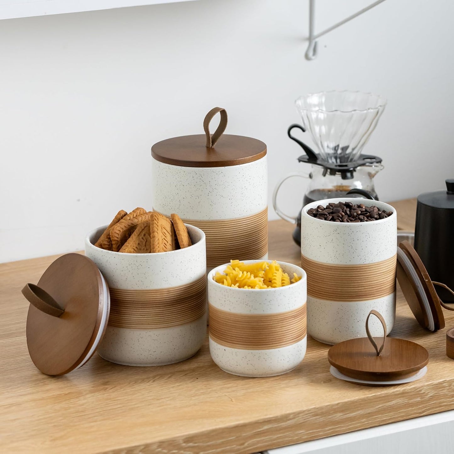 Coffee Container Jar with Lid, Ceramic Kitchen Food Storage Jars for Spice Sugar Cookie, Stackable Decorative Jars for Coffee Bar, White & 28 fl.oz