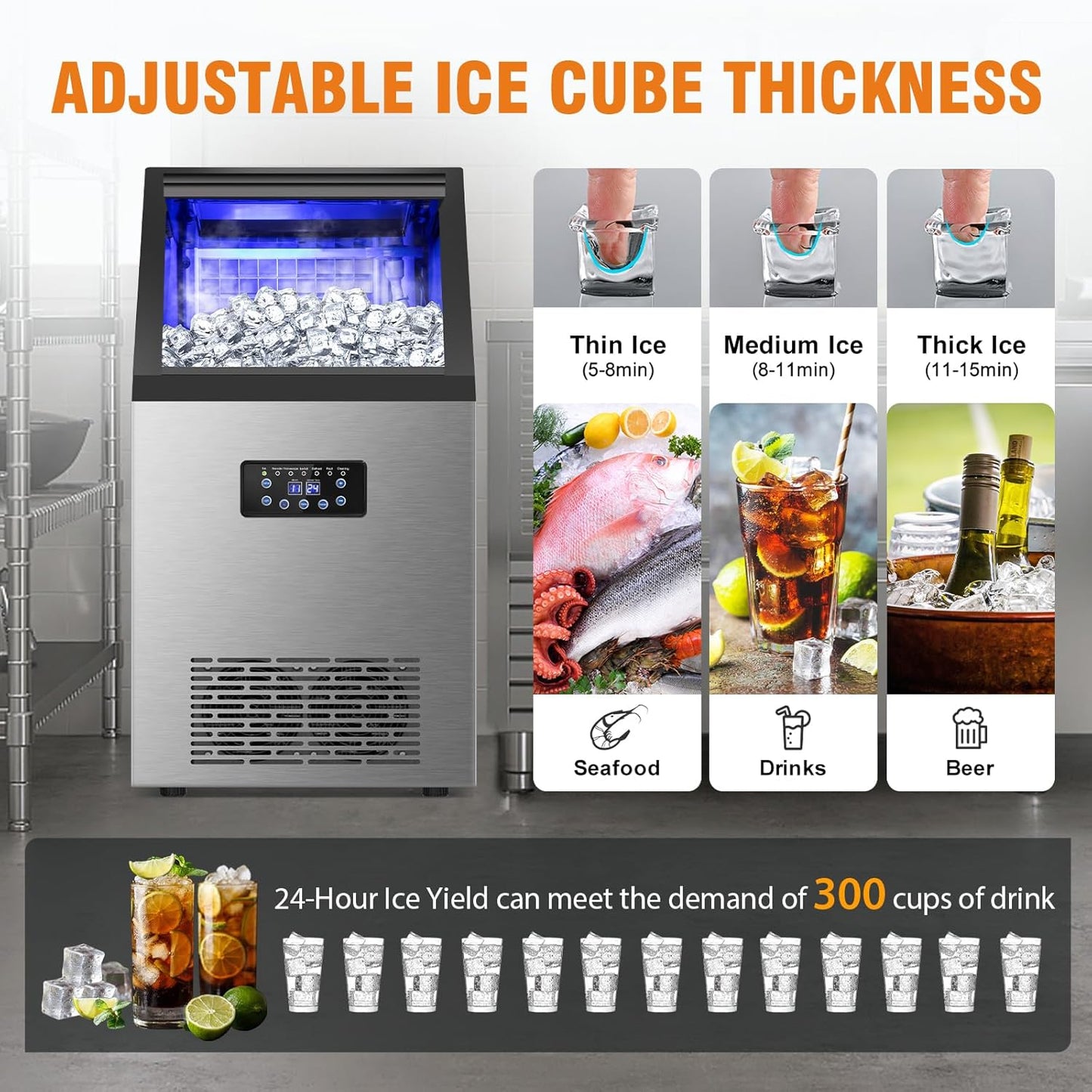Commercial Ice Maker Machine, 120Lbs/24H with 30Lbs Storage Bin, 40Pcs Ice Cubes 6Mins, 2-Way Add Water Under Counter Freestanding Ice Maker Commercial for Home Bar Office