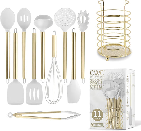 COOK WITH COLOR Silicone Cooking Utensils, Kitchen Utensil Set, Easy to Clean Silicone Kitchen Utensils, Cooking Utensils for Nonstick Cookware, Kitchen Gadgets Set with Holder, 10 Pieces