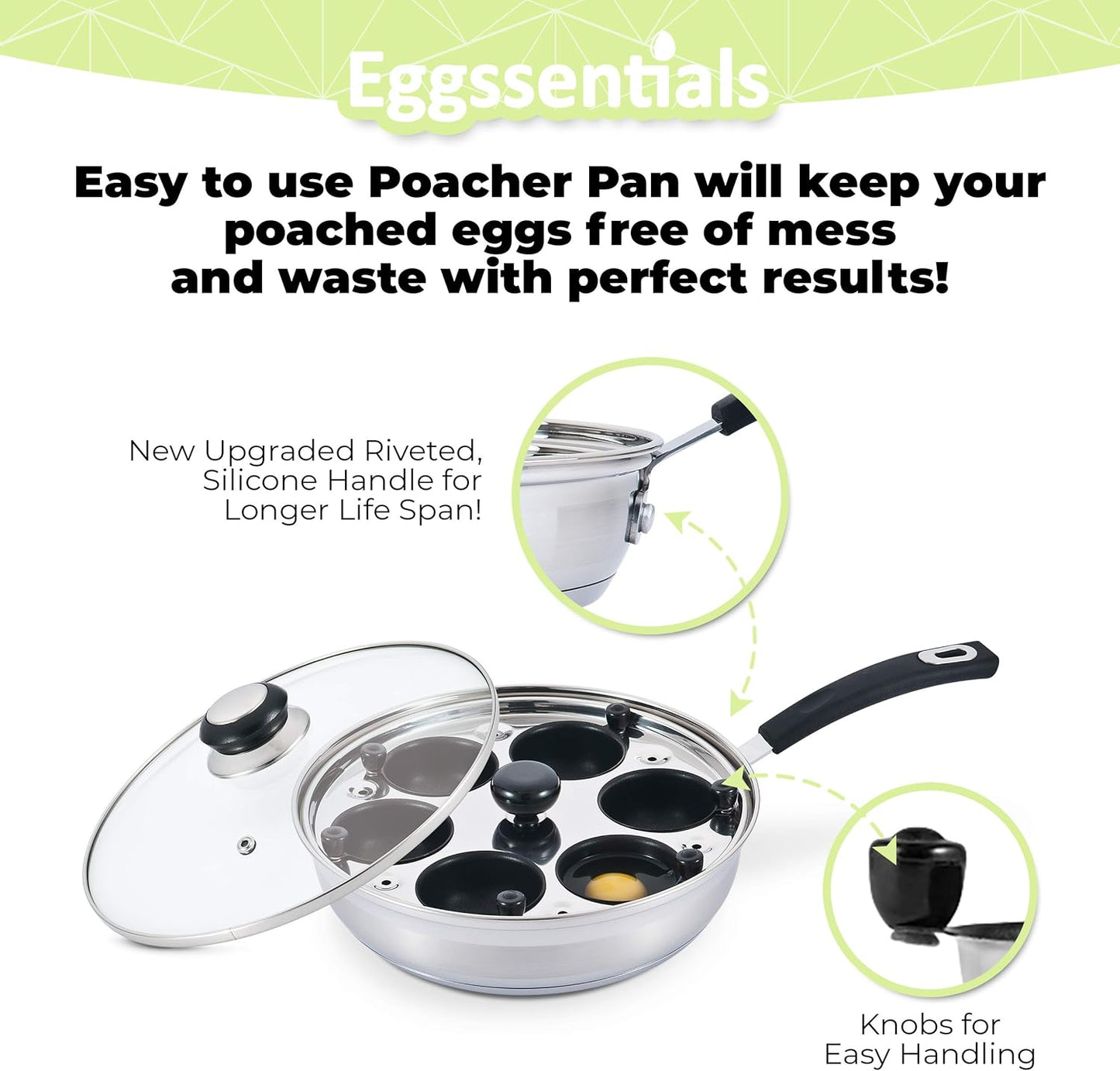 Eggssentials Egg Poacher Pan Nonstick Poached Egg Maker, Stainless Steel Egg Poaching Pan, Poached Eggs Cooker Food Grade Safe PFOA Free with Spatula, Egg Poachers Cookware