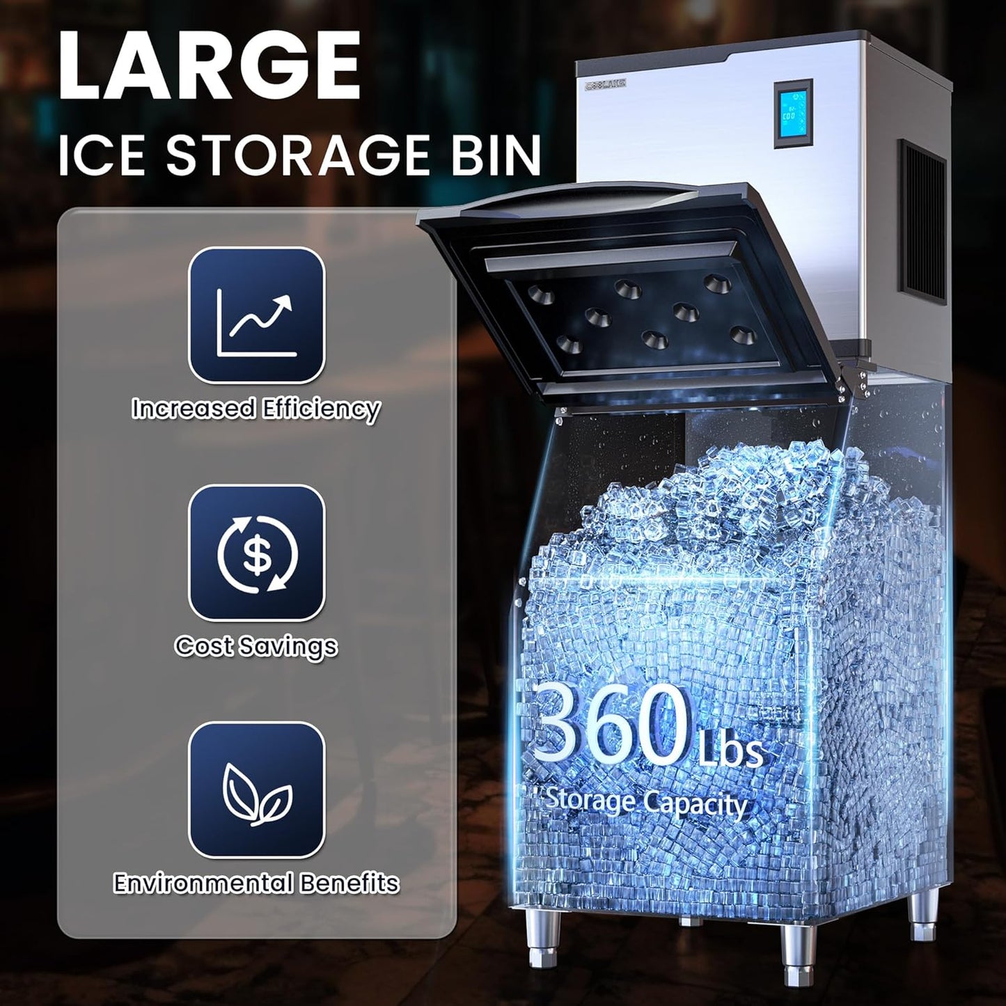 Coolake 360 lb. Commercial Ice Machine Storage Bin, 26" Stainless Steel Space Saving Footprint Ice Bin with Convenient Lift-up Door, Filter, Scoop, Adjustable Feet, for Bar Restaurant Shop
