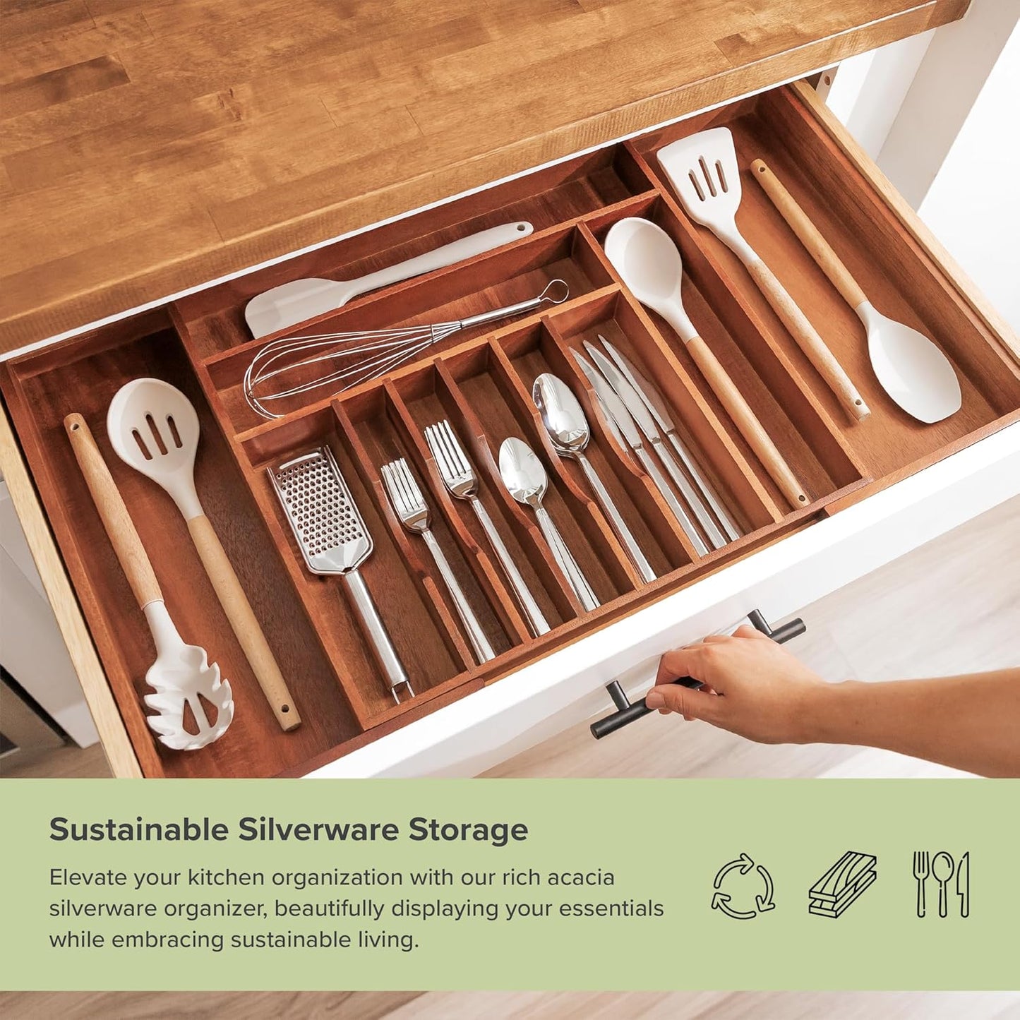 KitchenEdge Premium Silverware, Flatware and Utensil Organizer for Kitchen Drawers, Food-Safe Contract Grade, Expandable from 18 to 33 In, Natural Acacia