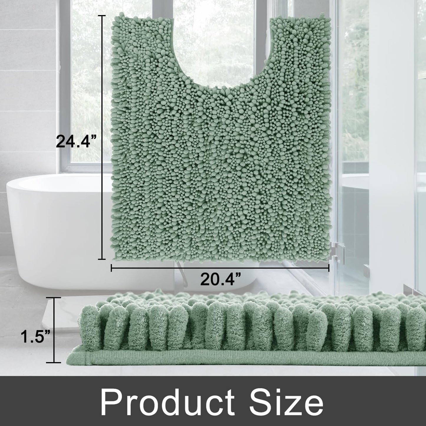 Yimobra Toilet Rug U Shaped Washable 24x20 Inch - Ultra Soft Absorbent Chenille Bath Rugs for Toilet, Quick Dry & Machine Washable, Non Slip Contour Bathroom Mat, Green