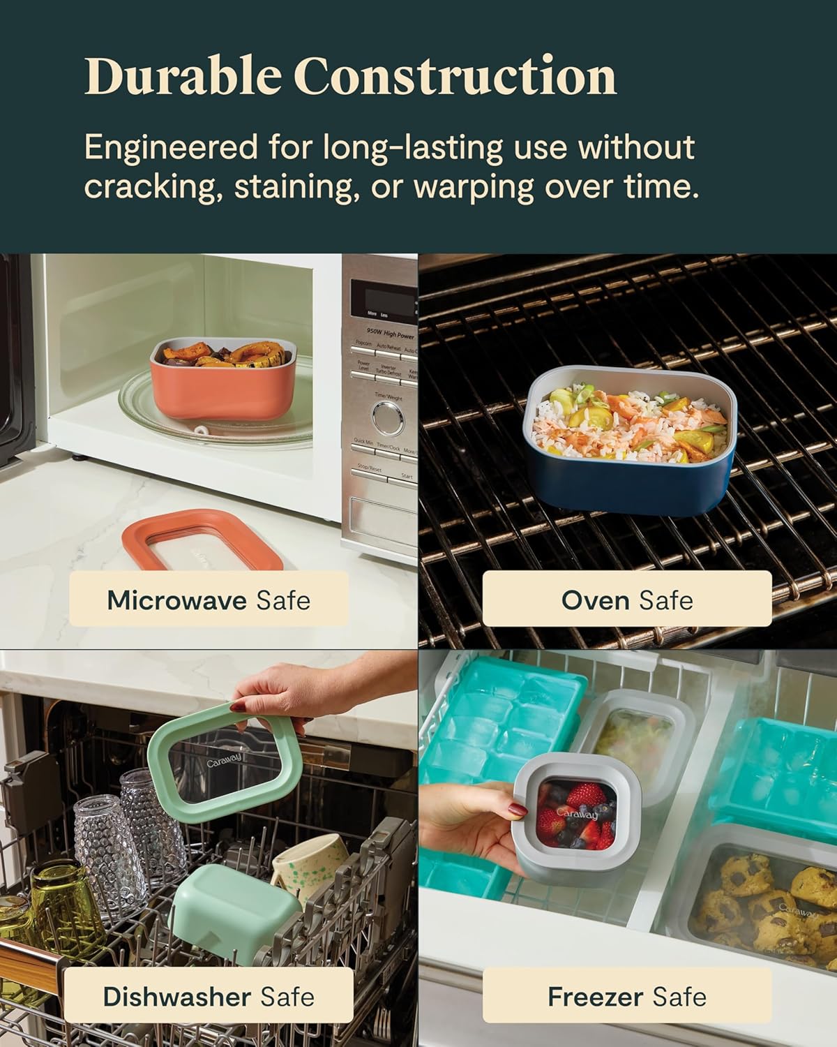 Caraway 6pc Glass Food Storage Set – 4.4 Cup Food Containers (6) - Ceramic Coated - Non Toxic, Non Stick with Lids - Microwave Safe - Gray