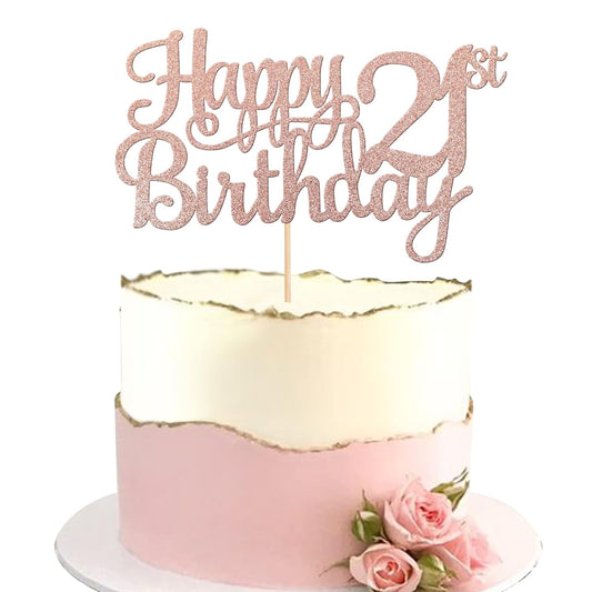 1 PCS Happy 21st Birthday Cake Topper - Glitter Cheers to 21 Years - Fabulous Cake Decoration for 21st Birthday Theme Party - Rose Gold