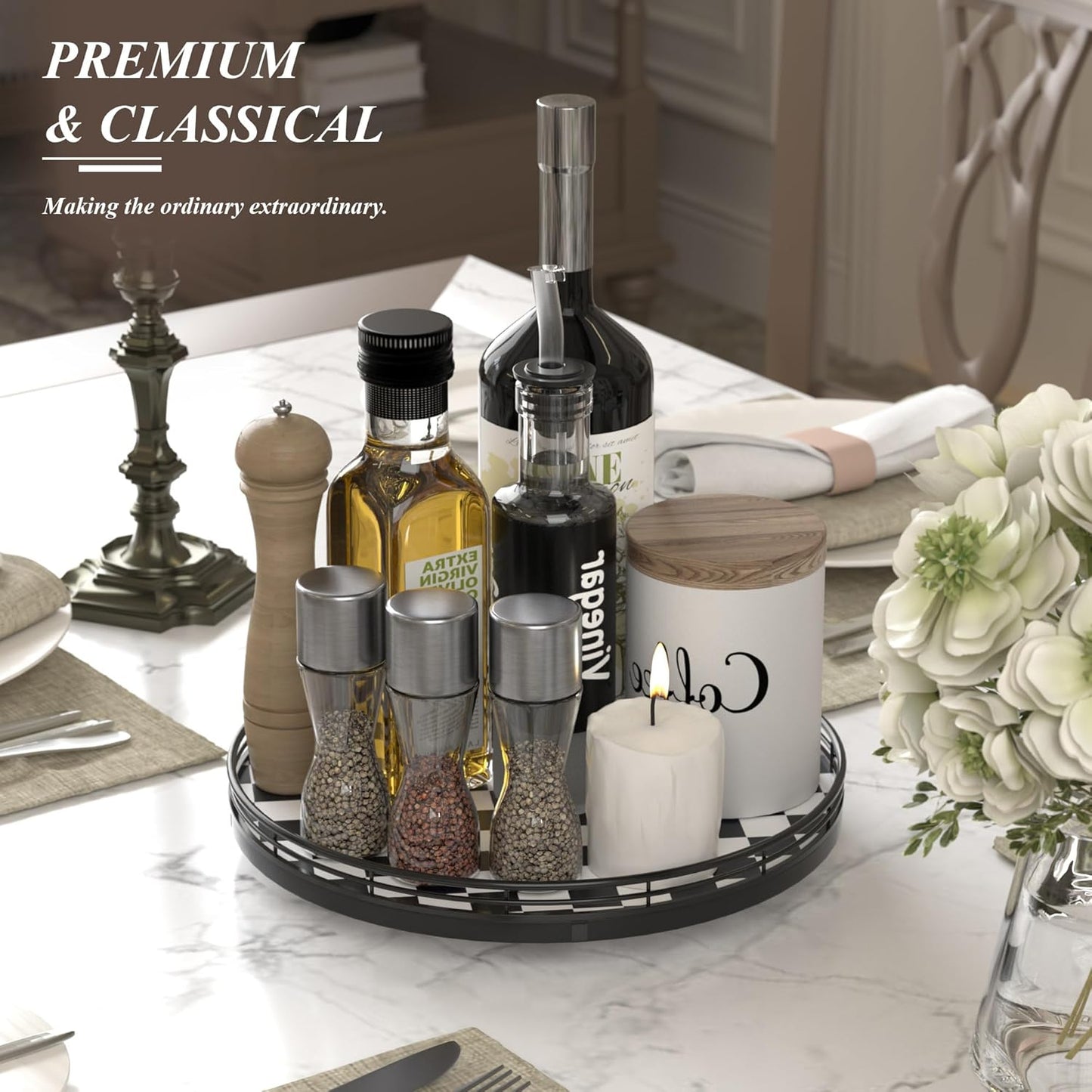 Black and White Kitchen Lazy Susan Turntable – Round Checkered Decorative Tray, 12” Table Top Oak Wood Lazy Susan for Cookies, Dining Table Organizer, Small Kitchen Table Centerpiece