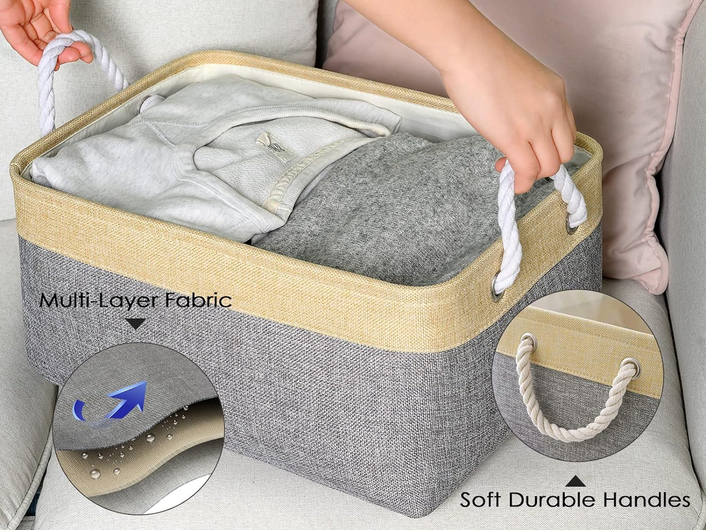 TheWarmHome Decorative Basket Rectangular Fabric Storage Bin Organizer Basket with Handles for Clothes Storage (Gold&Grey, Medium-1Pack,13.8L*9.8W*6.7H)