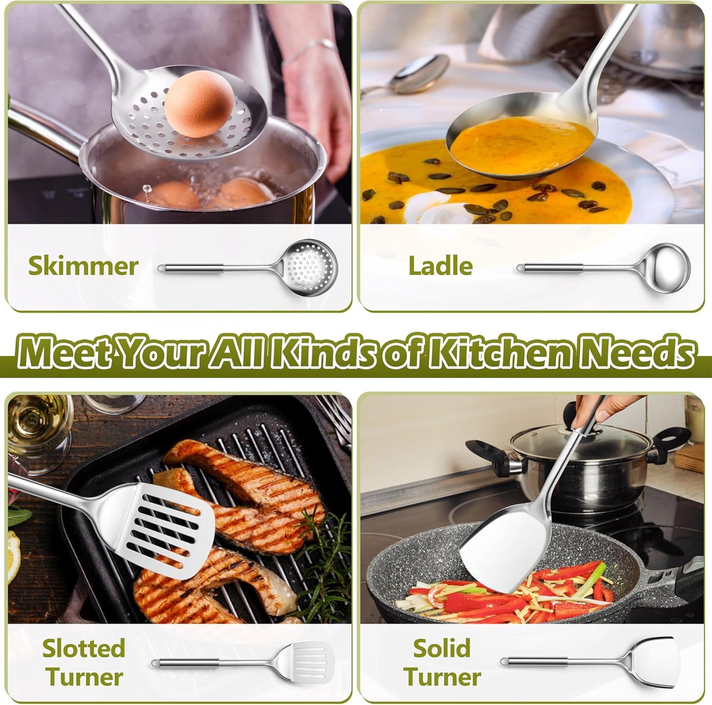 E-far Cooking Utensils Set, 10-Piece Stainless Steel Kitchen Utensils with Holder, Metal Heat Resistant Kitchen Cookware Tool Spatula Set for Cooking, Easy Clean & Dishwasher Safe