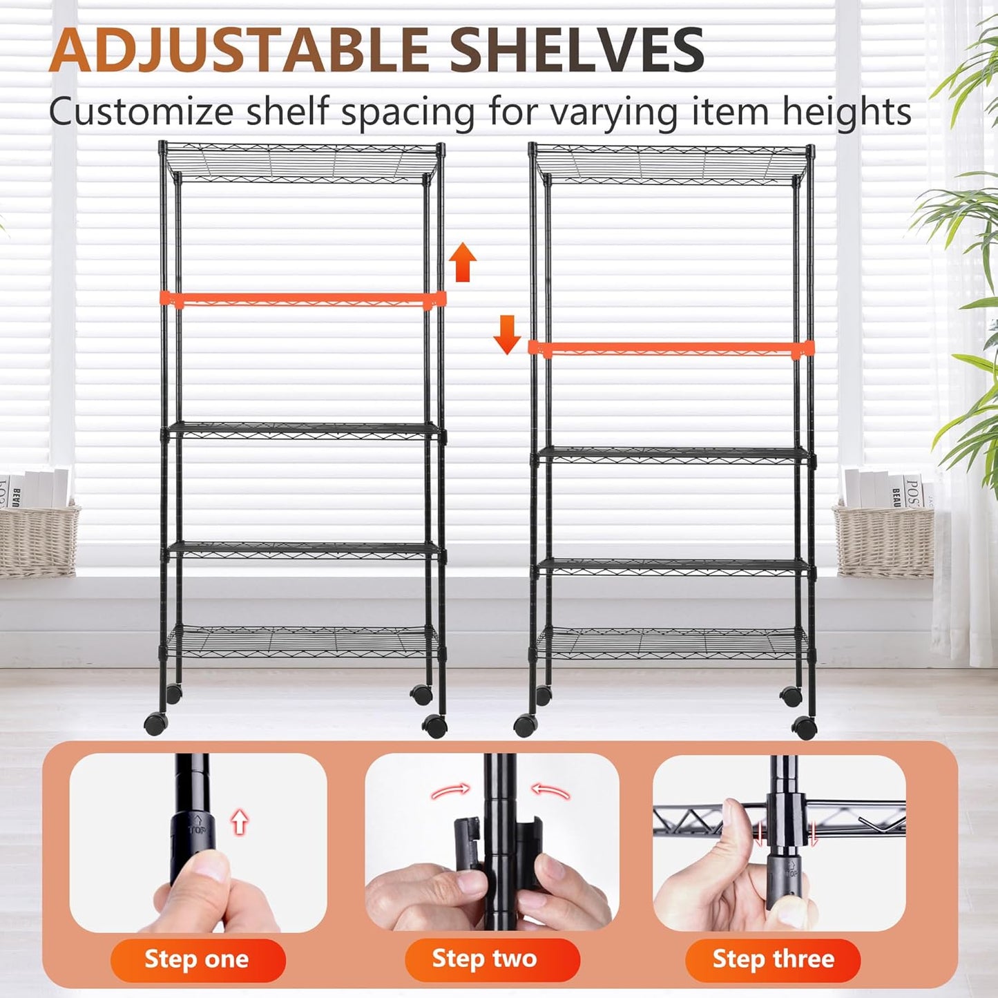 FDW Adjustable 5-Tier Metal Shelf with Wheels, 250 lbs Capacity, Easy Assembly, Ideal for Small Spaces