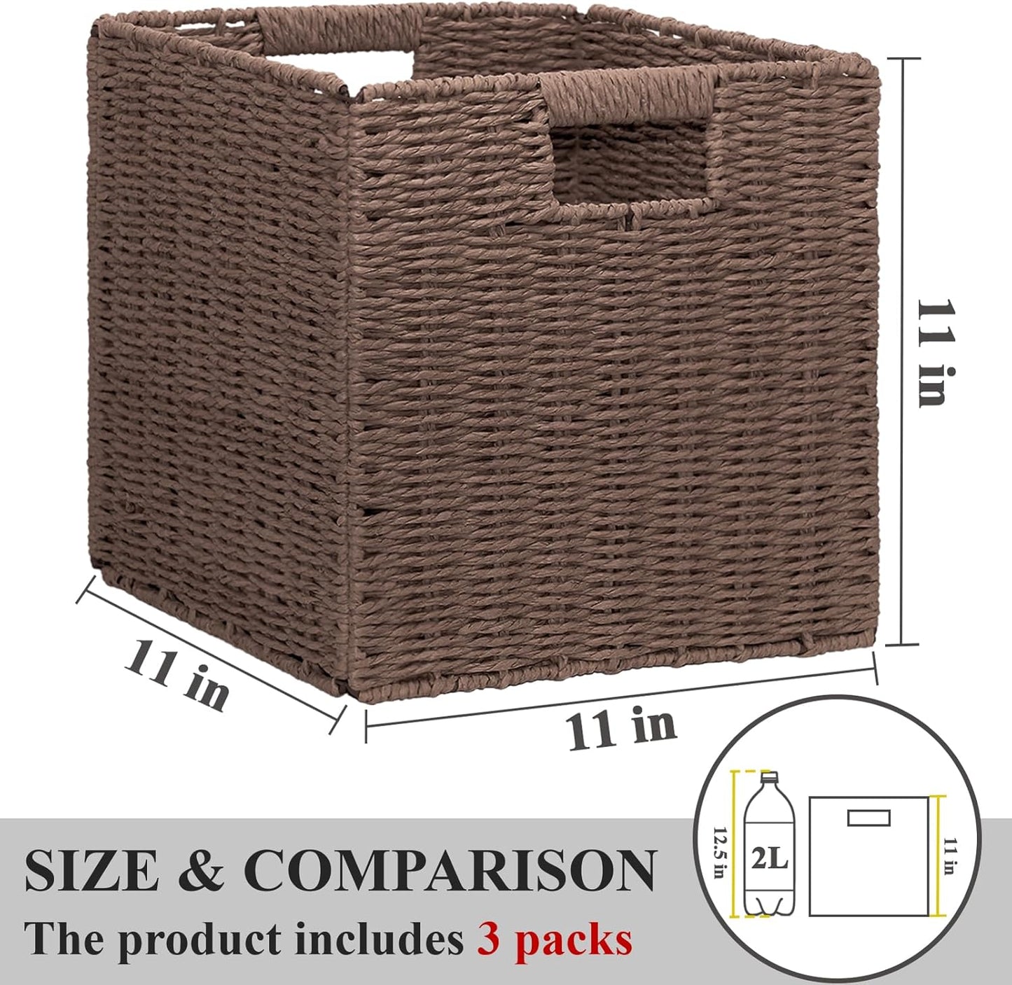 Wicker Storage Baskets for Organizing, 3 Pack Rustic Foldable Square Basket for Shelves, Handwoven Cubby Organizer Bins for Home Decor, Small Cube Storage Bin for Closet Organization (Brown 11 inch)