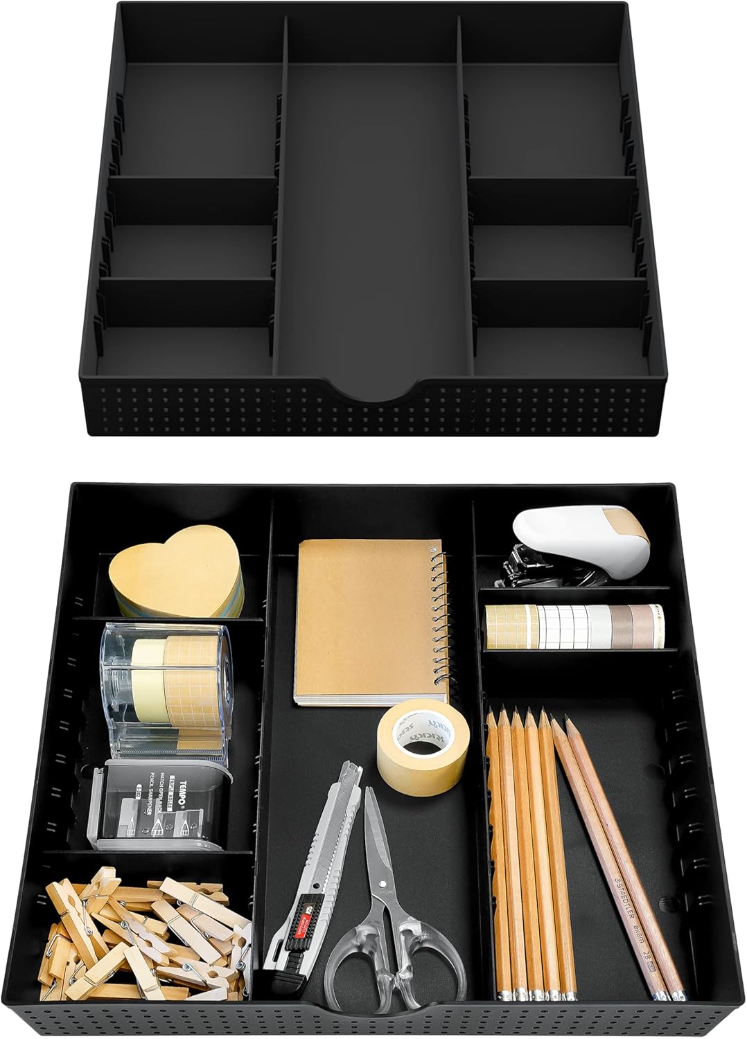 CAXXA 3 Slot Drawer Organizer with 4 Adjustable Dividers - 7 Compartments Junk Drawer Storage for Makeup & Vanity, Office Desk Supplies and Accessories, BLACK (2 pack)