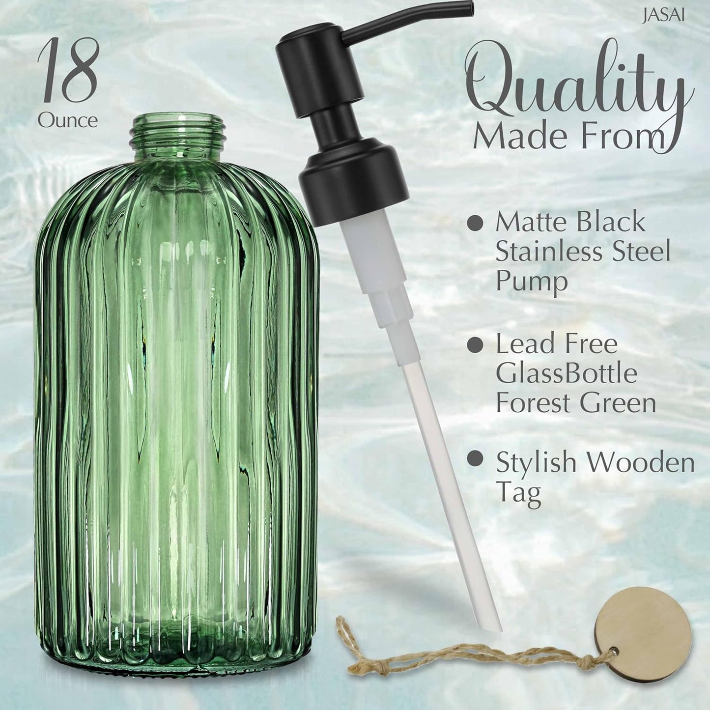 JASAI 18Oz Green Glass Soap Dispenser with Black Rust Proof Pump, Refillable Bathroom soap Dispenser with Thick Glass, Soap Dispenser Bathroom for Kitchen Dish soap, Hand Soap, Lotion, Body Wash.