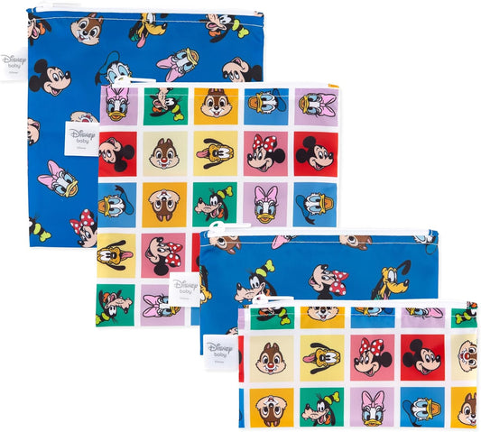 Bumkins Disney Reusable Sandwich and Snack Bags, for Kids School Lunch and for Adults Portion, Washable Fabric, Waterproof Cloth Zip Bag, Travel Pouch, Food-Safe Storage, 4-pack Set Mickey and Friends