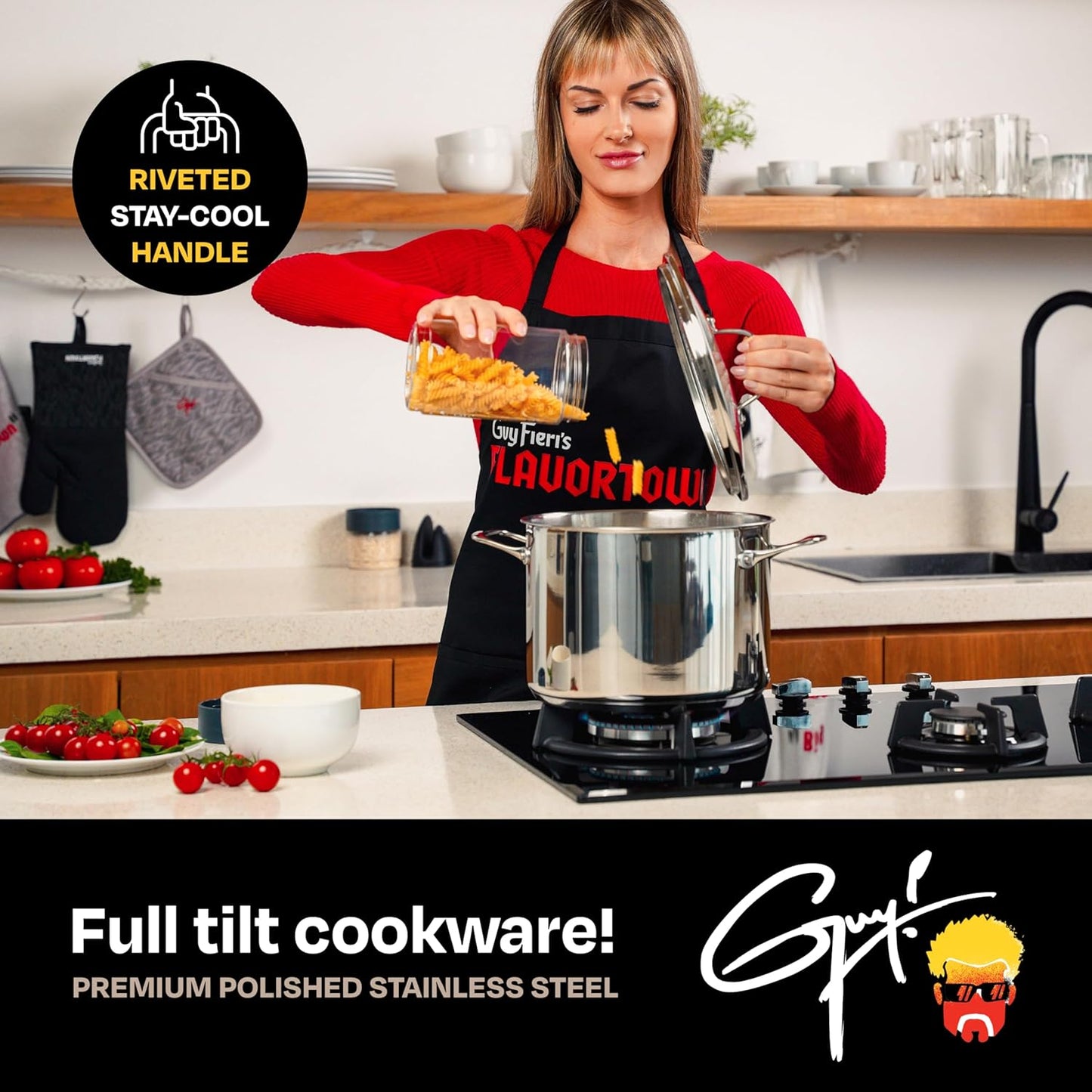 Guy Fieri's Flavortown 8-Quart Stainless Steel Stock Pot with Tempered Glass Lid - Kitchen Cookware with Tri-Ply Base, Oven & Dishwasher Safe, Compatible with Induction, Gas & Electric Stovetops