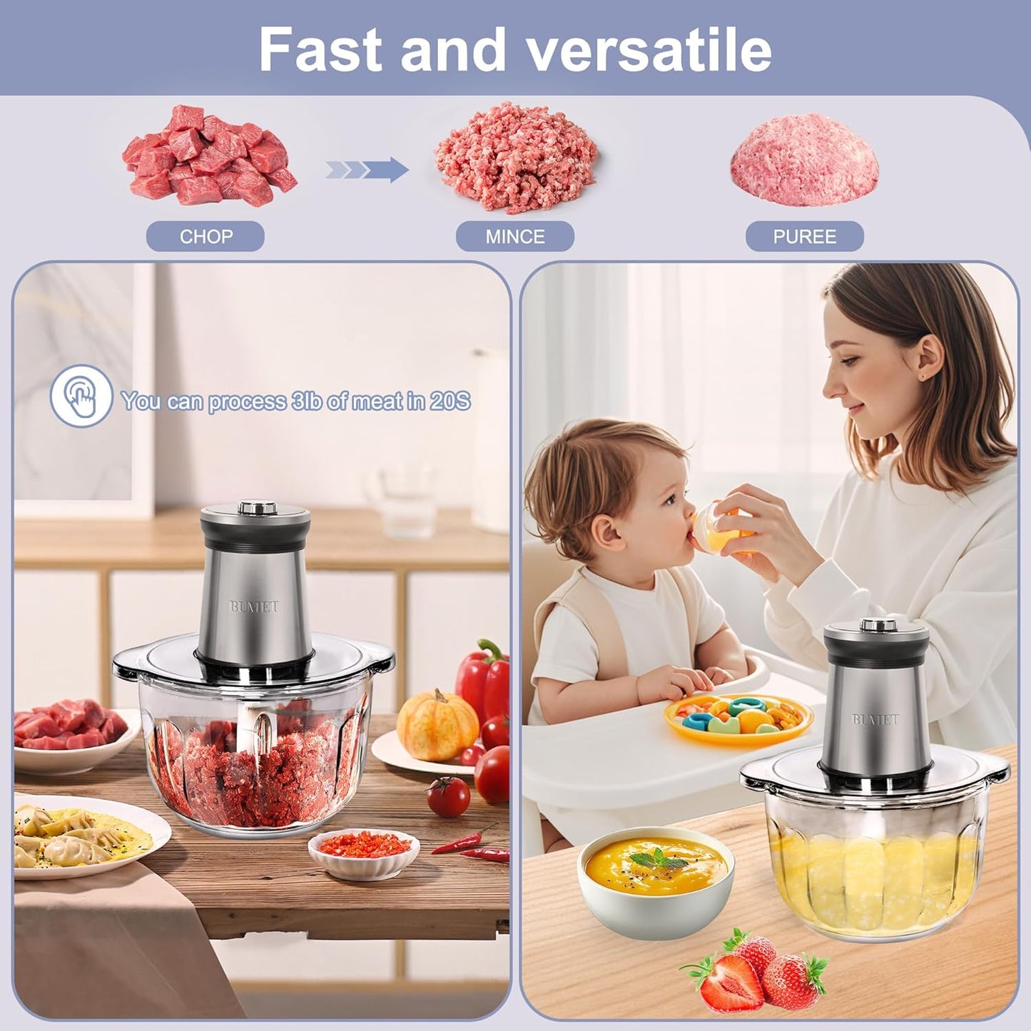 Electric Meat Grinder 850W Food Chopper Food processor with LED timer one 16cup thick glass bowl, 2 sets three-layers 6 blades cutter by BUMET