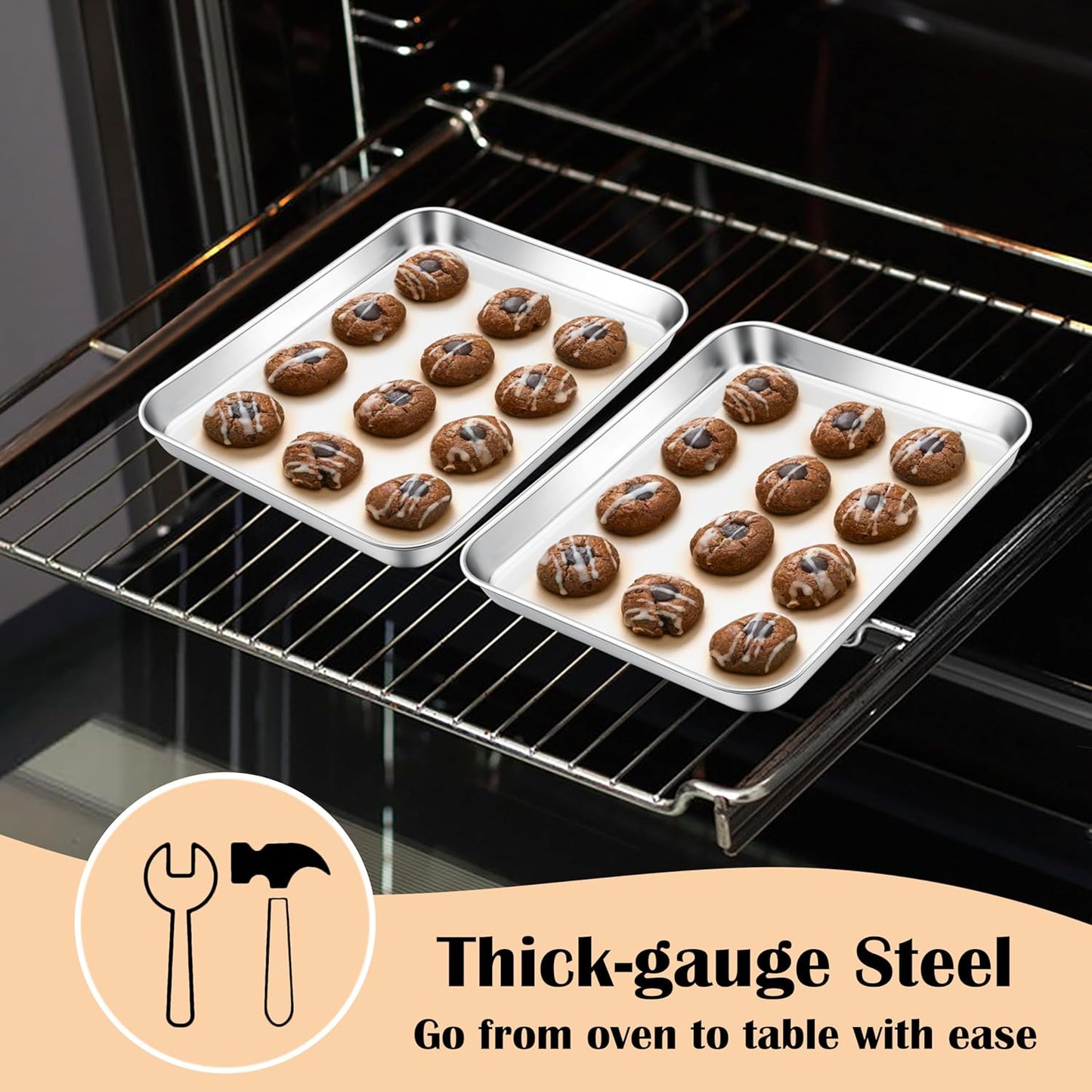 E-far 3 Pack Toaster Oven Trays, 9.4”x7.3” Stainless Steel Small Baking Cookie Sheets, Mini Non-toxic Metal Baking Pans for Cake, Healthy & Rust Free, Mirror Finish & Dishwasher Safe