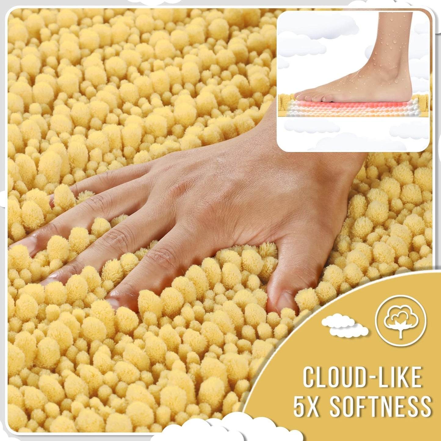 Yimobra Long Bathroom Rugs Non Slip Washable 44x24 Inch - Ultra Soft Absorbent Chenille Bath Mat, Quick Dry Shaggy Floor Carpet for Tub Shower, Yellow Home Decor Accessories