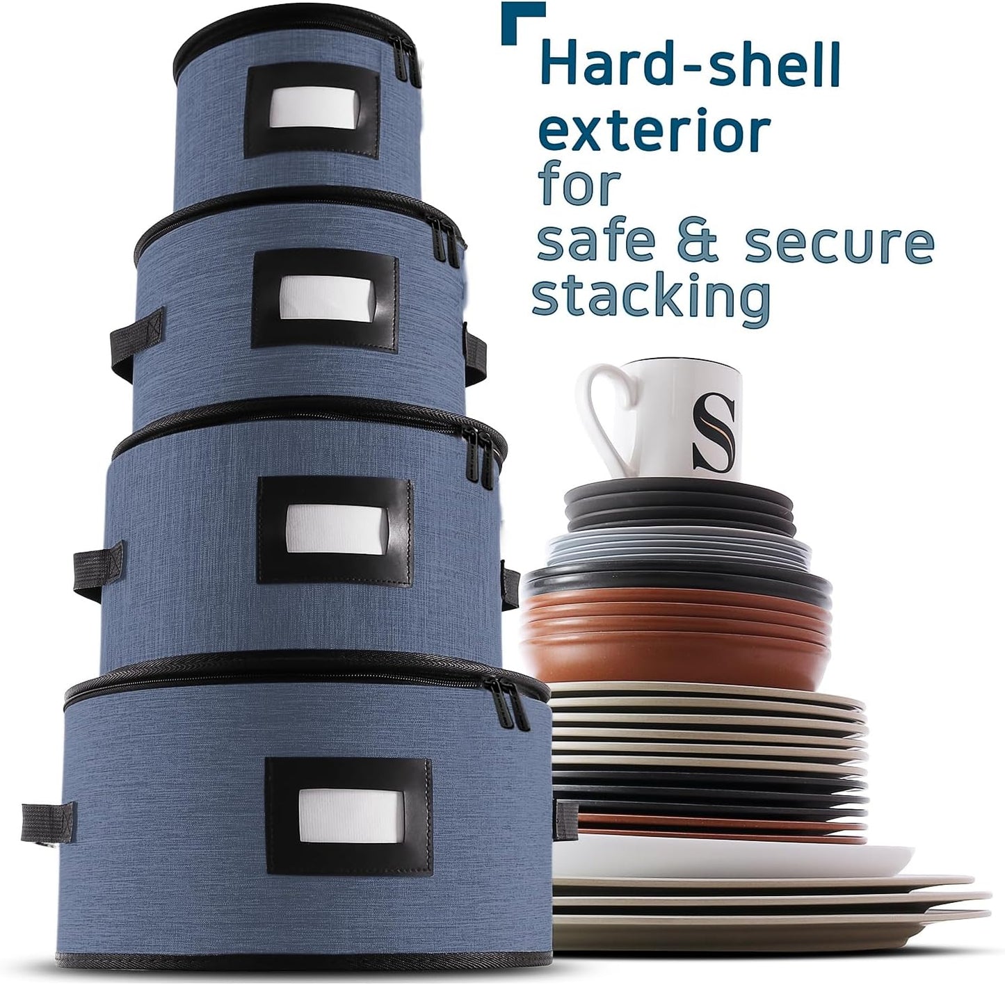 Fine China Storage Containers, 5 Piece Quilted Dish Storage Containers, Mug, Cup, and Plate Dish Organizer with Felt Dividers, Service of 12 Dinnerware Boxes for Moving, Seasonal Organization, Blue