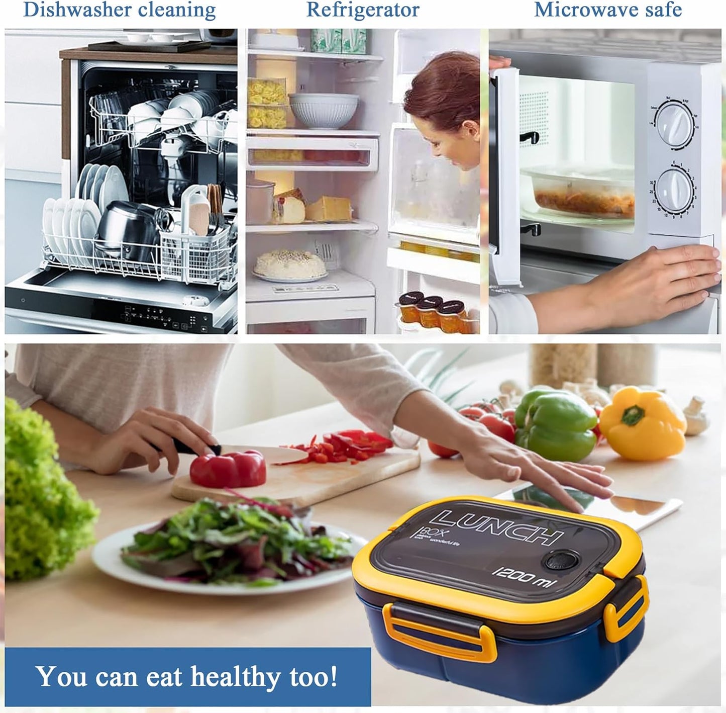 Bento Box Adult, Lunch Box for Men and Women, 1200ML Leak-proof Double-layered with Handle Lunchbox, Reusable BPA-Free Lunch Container, Microwave/Dishwasher Safe, Snack Box with Cutlery Set, Blue